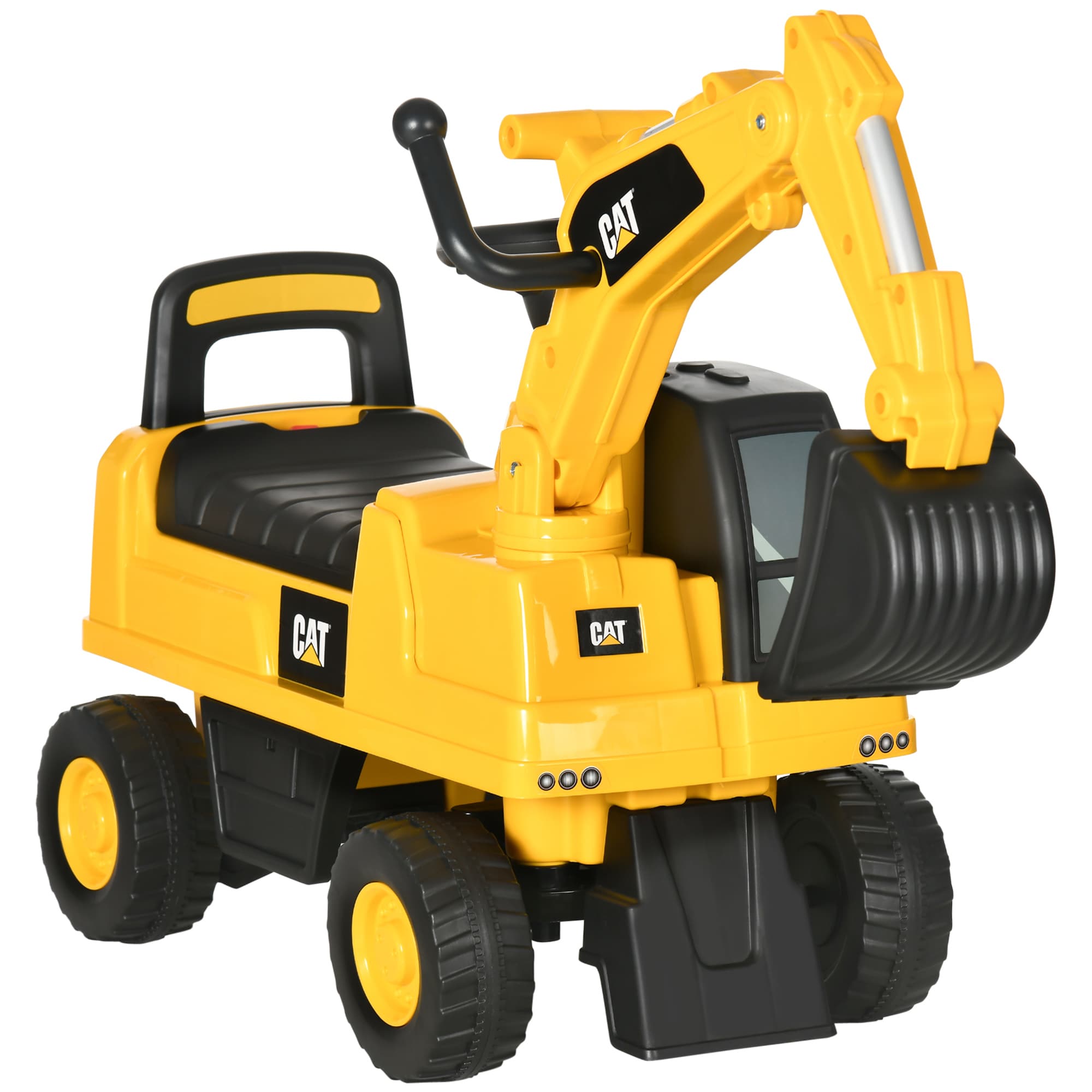 HOMCOM Tractopelle enfant sous licence CAT, porteur enfant, pelle manuelle, klaxon et rangement caché, 85x27,5x47,5cm, jaune