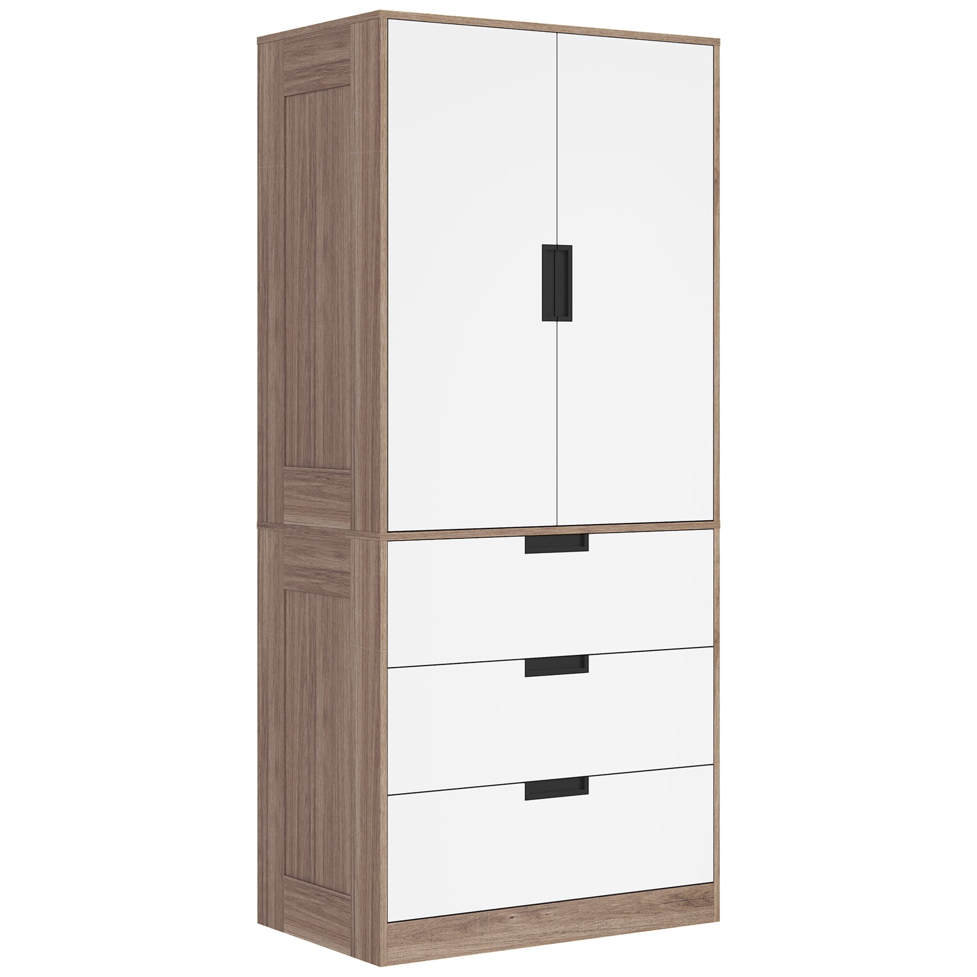 HOMCOM Armoire 2 portes, armoire moderne avec 3 tiroirs et tringle de suspension pour chambre à coucher, marron