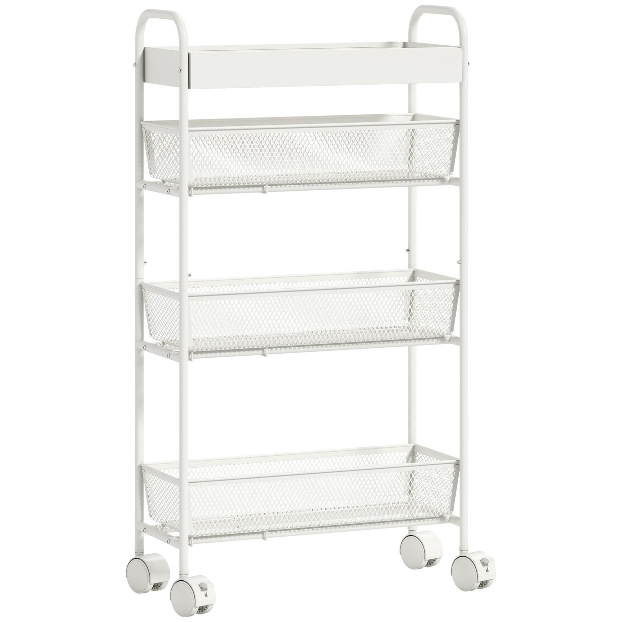 HOMCOM Chariot de rangement à 4 niveaux, desserte à roulettes, 3 paniers coulissants, panier supérieur 19 x 43,2 x 80 cm blanc