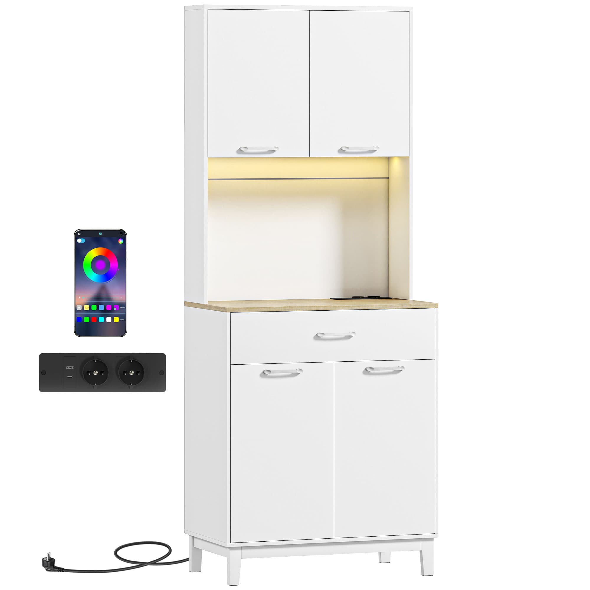 HOMCOM Buffet haut cuisine avec LED et station de charge, armoire de cuisine avec 4 portes, tiroir et plan de travail, blanc