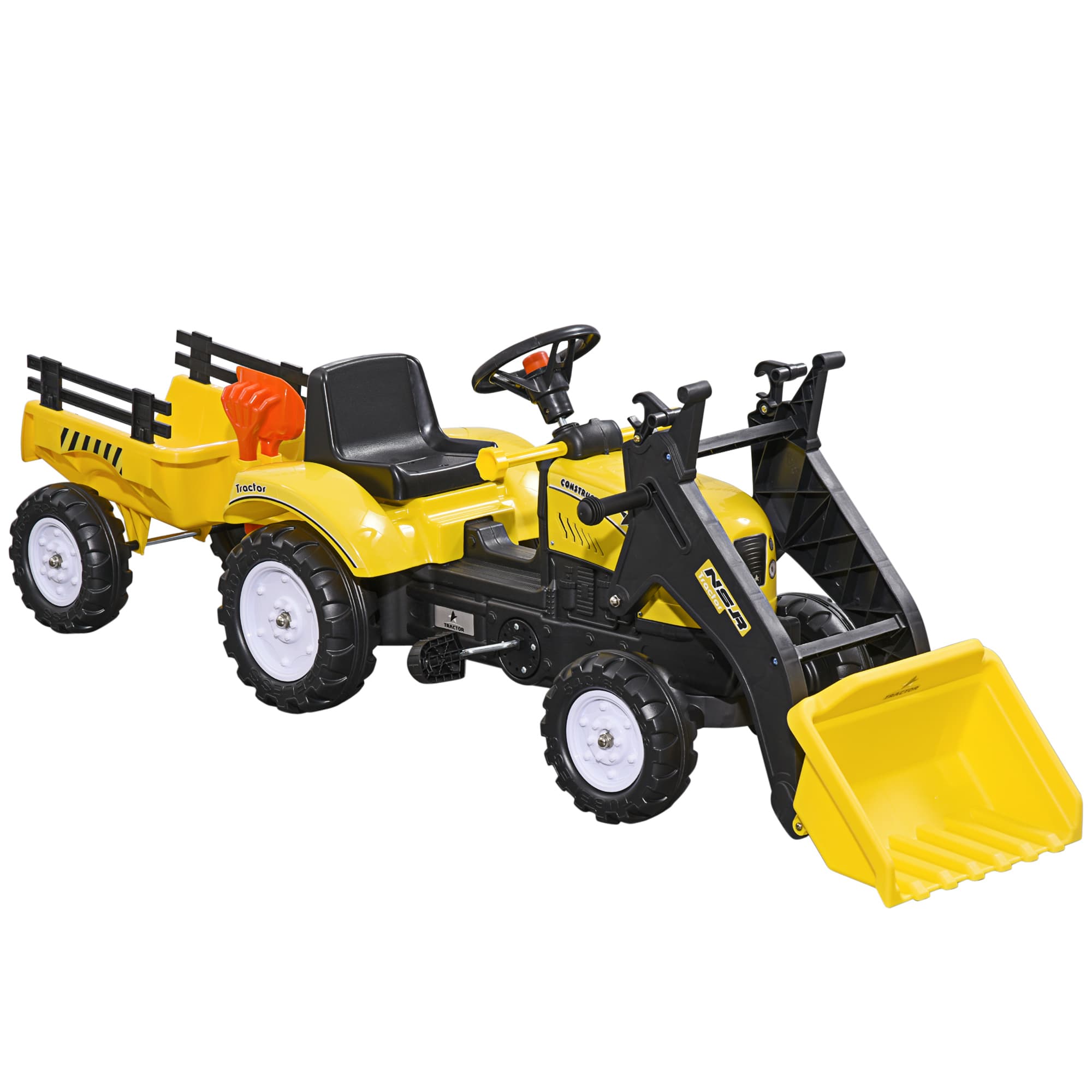 HOMCOM Tracteur à pédales tractopelle avec remorque Pelle et râteau Jeu de Plein air Enfants à partir de 3 Ans Jaune Noir