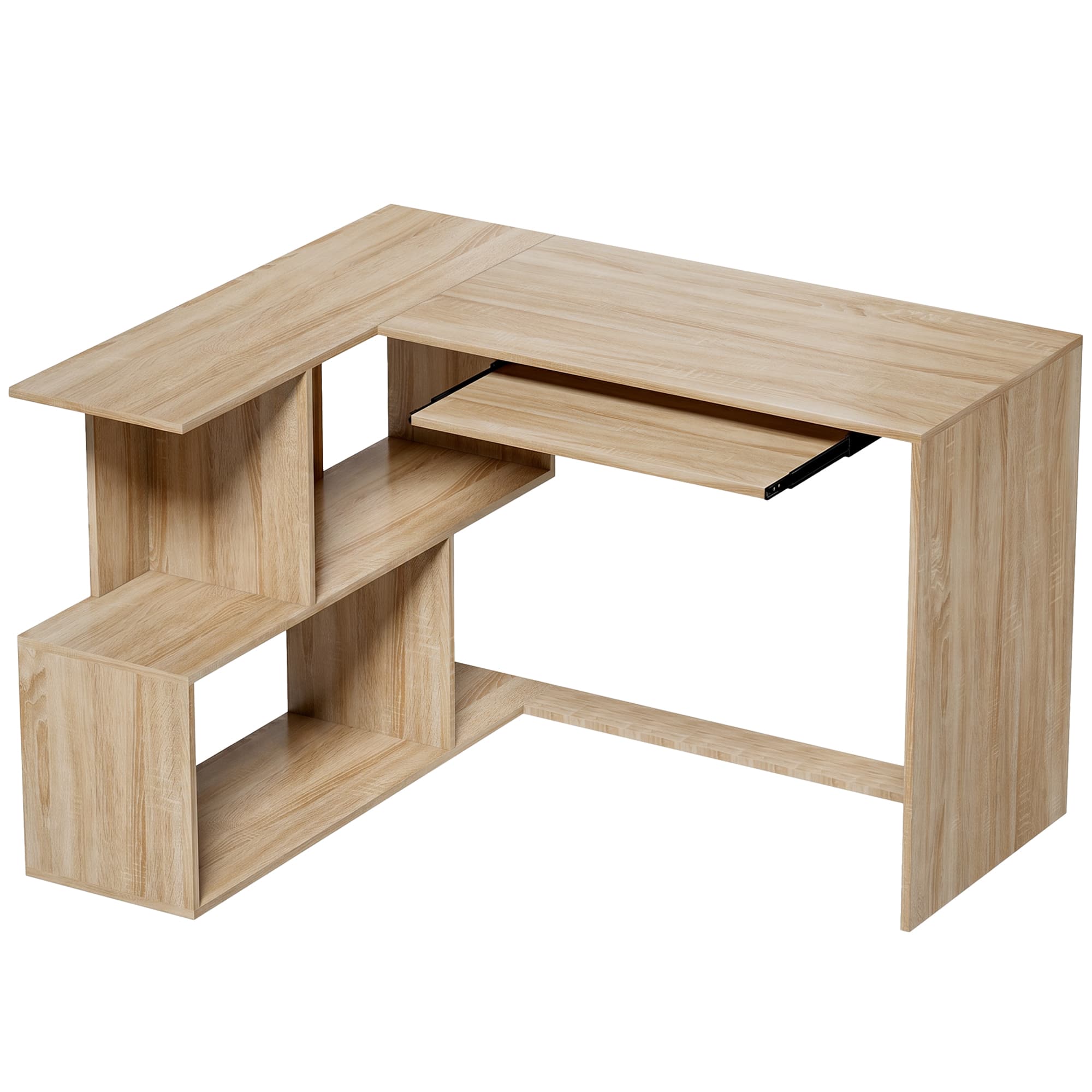 HOMCOM Bureau d'Angle, 120 x 100 x 76 cm, Bureau Informatique en L avec Plateau de Clavier, 4 Compartiments Ouverts, Naturel
