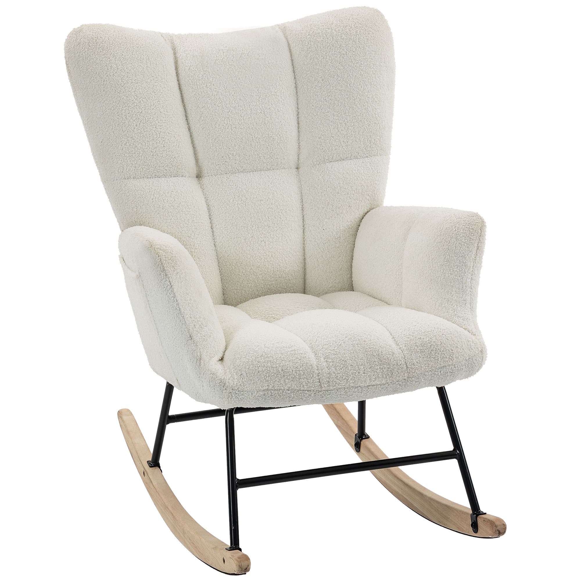 HOMCOM Fauteuil à Bascule, Rocking Chair en Peluche Teddy, Poches Latérales, Dossier à Oreilles Capitonné, Crème
