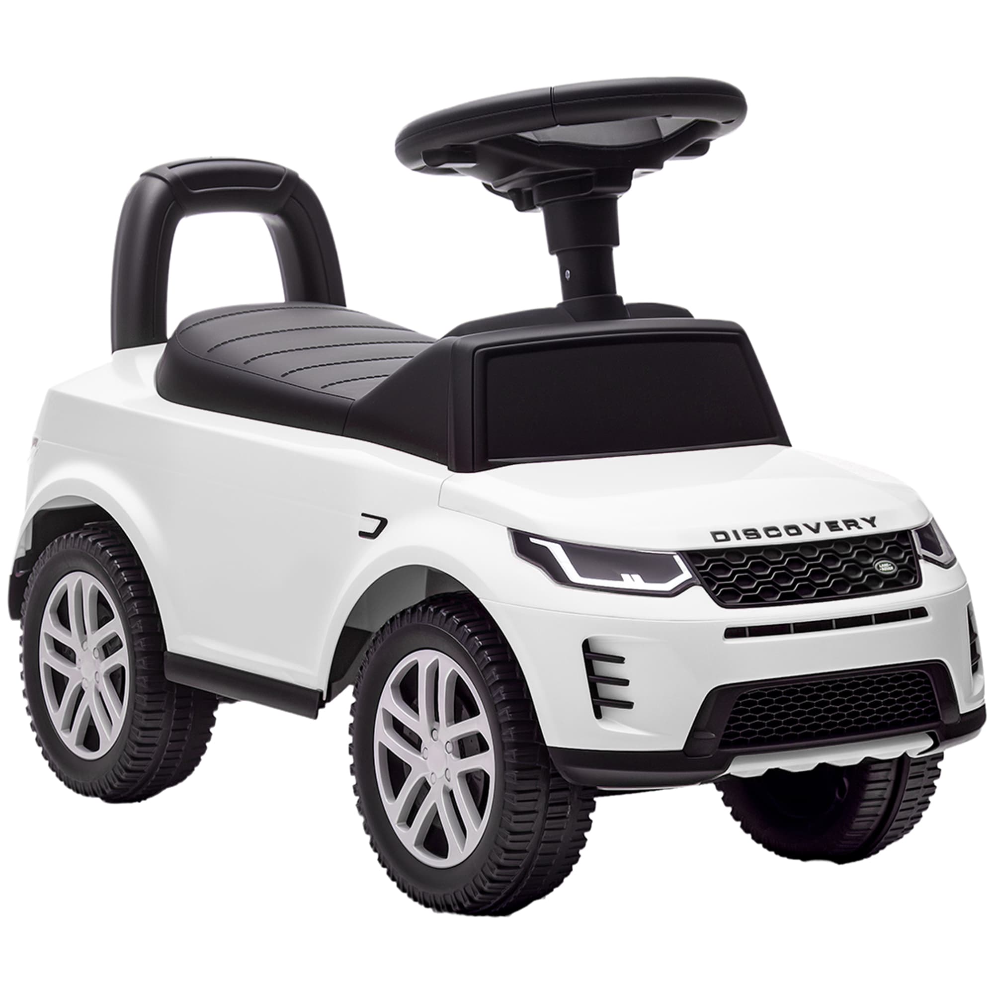 AIYAPLAY Porteur enfants voiture sous licence Land Rover, véhicule à pousser, klaxon, sons de moteur, rangement sous siège, blanc