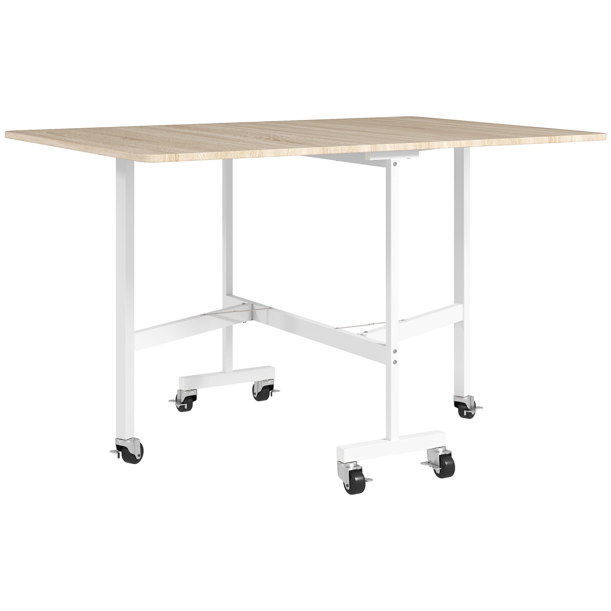 HOMCOM Table à Manger Pliante sur Roulettes pour 4-6 Personnes 120 cm, Roues avec Freins, 2 Abattants, Style Industriel, Chêne