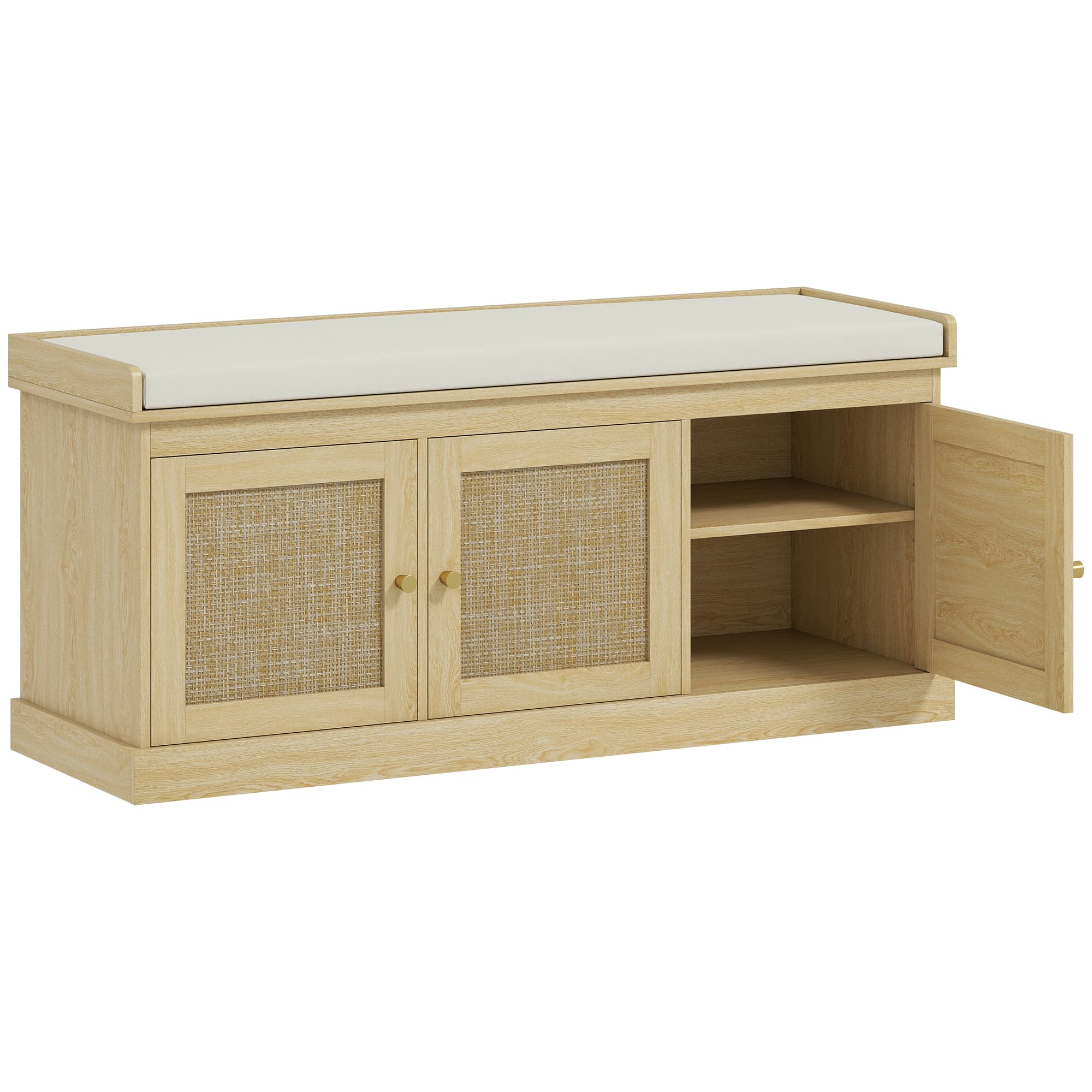 HOMCOM Banc chaussures entrée 9 paires, banc de rangement, 3 portes en rotin, coussin et étagère réglable, 105x35x47cm, chêne