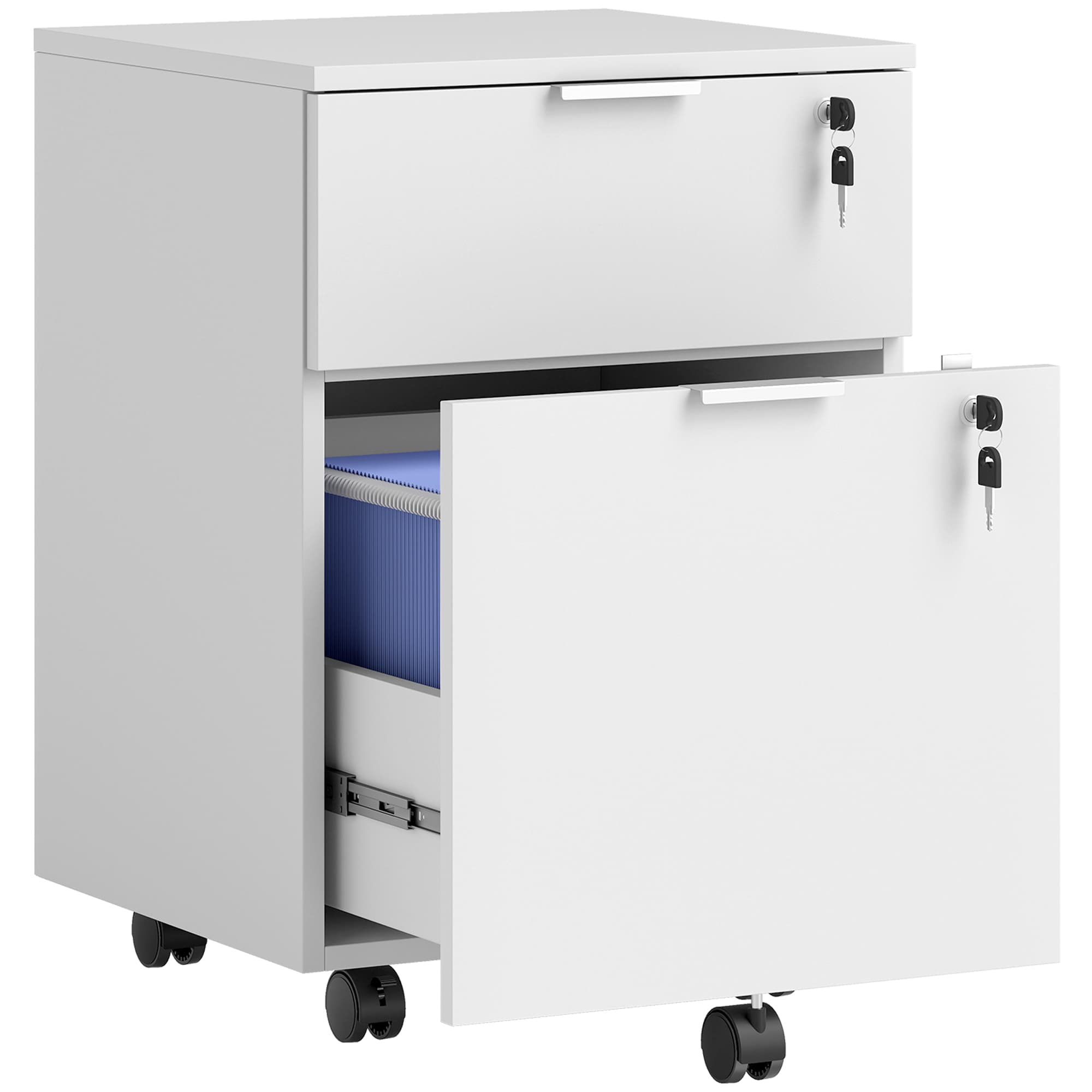 HOMCOM Caisson de bureau, meuble de rangement 2 tiroirs 2 barres pour dossier suspendu, verrouillable avec 2 clés 42x40x60 cm