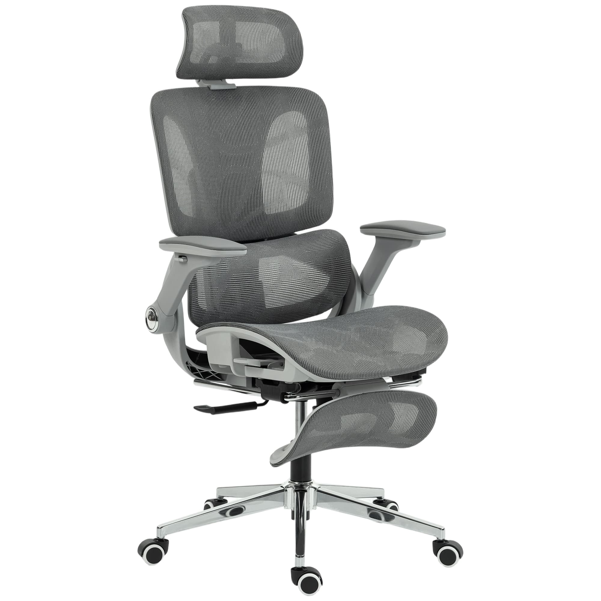 HOMCOM Chaise Bureau Ergonomique avec Accoudoirs 4D Appui-Tête et Profondeur d'Assise Réglables Maille Gris