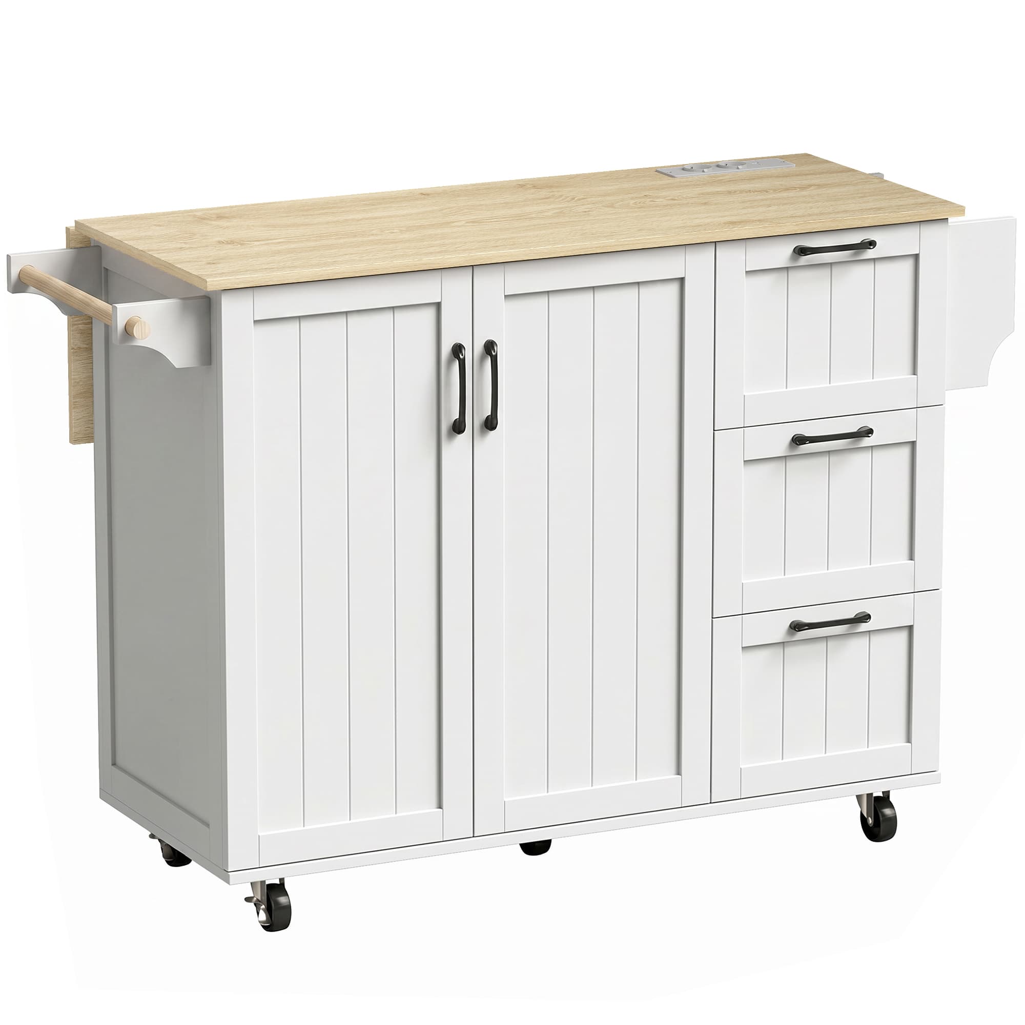 HOMCOM Îlot Central Cuisine avec Plateau Rabattable 2 Prises et 2 Ports USB Desserte de Cuisine sur Roulettes 3 Tiroirs Blanc