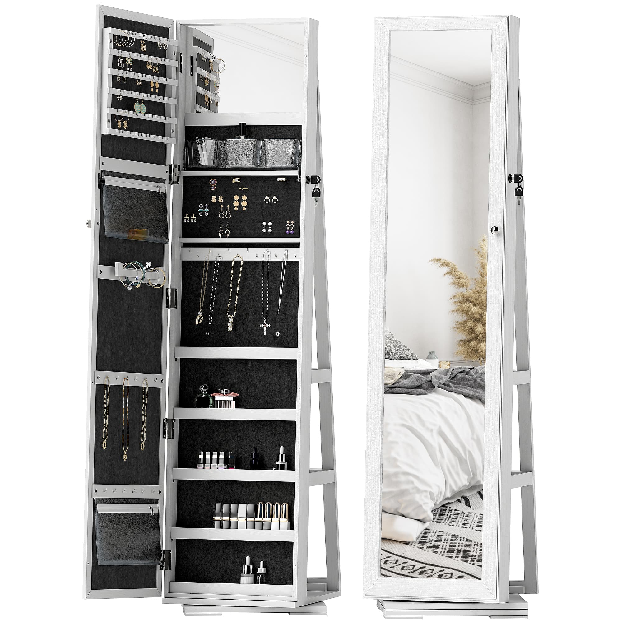 HOMCOM Armoire à bijoux miroir de rangement verrouillable avec petit miroir intégré étagères de rangement à l'arrière pivotante à 360 °