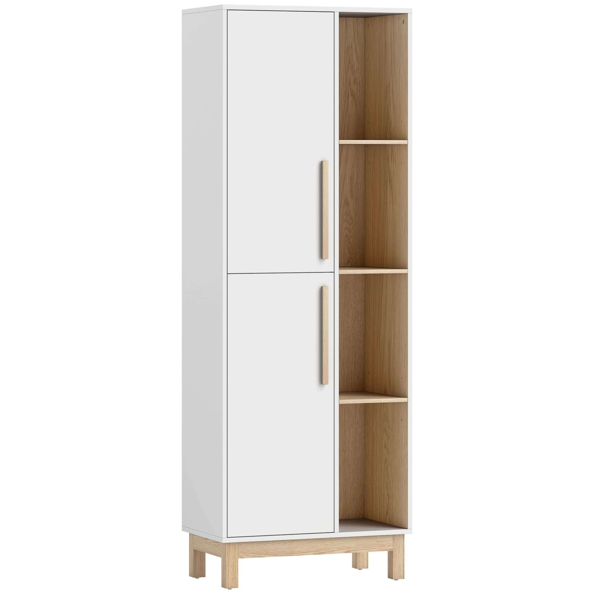 HOMCOM Meuble de Salle de Bain, Meuble de Rangement, 2 Portes, 4 Compartiments Ouverts et Étagères Réglables, Blanc et Naturel