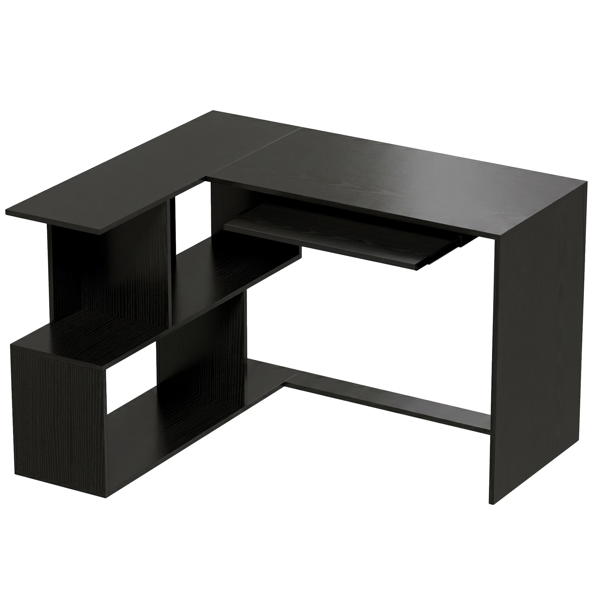 HOMCOM Bureau d'Angle, 120 x 100 x 76 cm, Bureau Informatique en L avec Plateau de Clavier, 4 Compartiments Ouverts, Noir