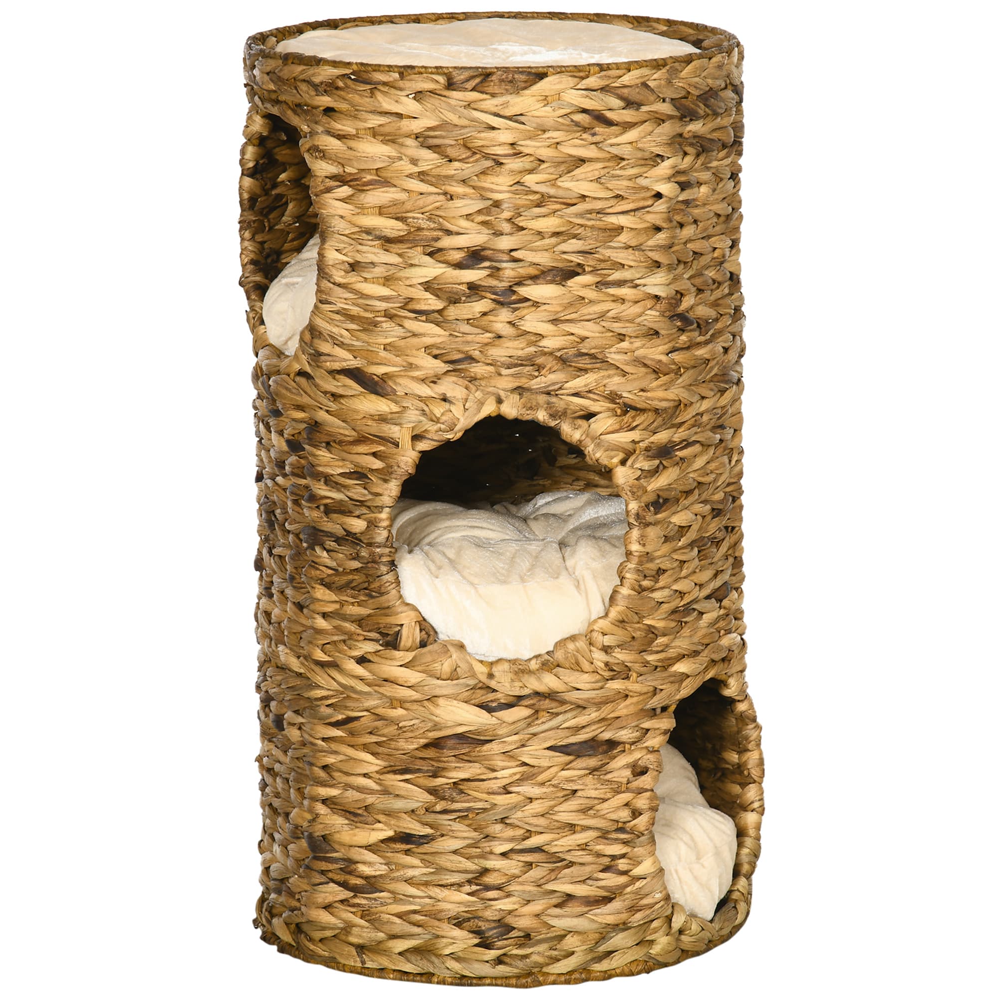 PawHut Tonneau à Gratter pour Chat 3 Niveaux, Coussins, Tressage en Jacinthe d'Eau, Cadre en Acier, Ø 40 x 73 cm, Marron Clair