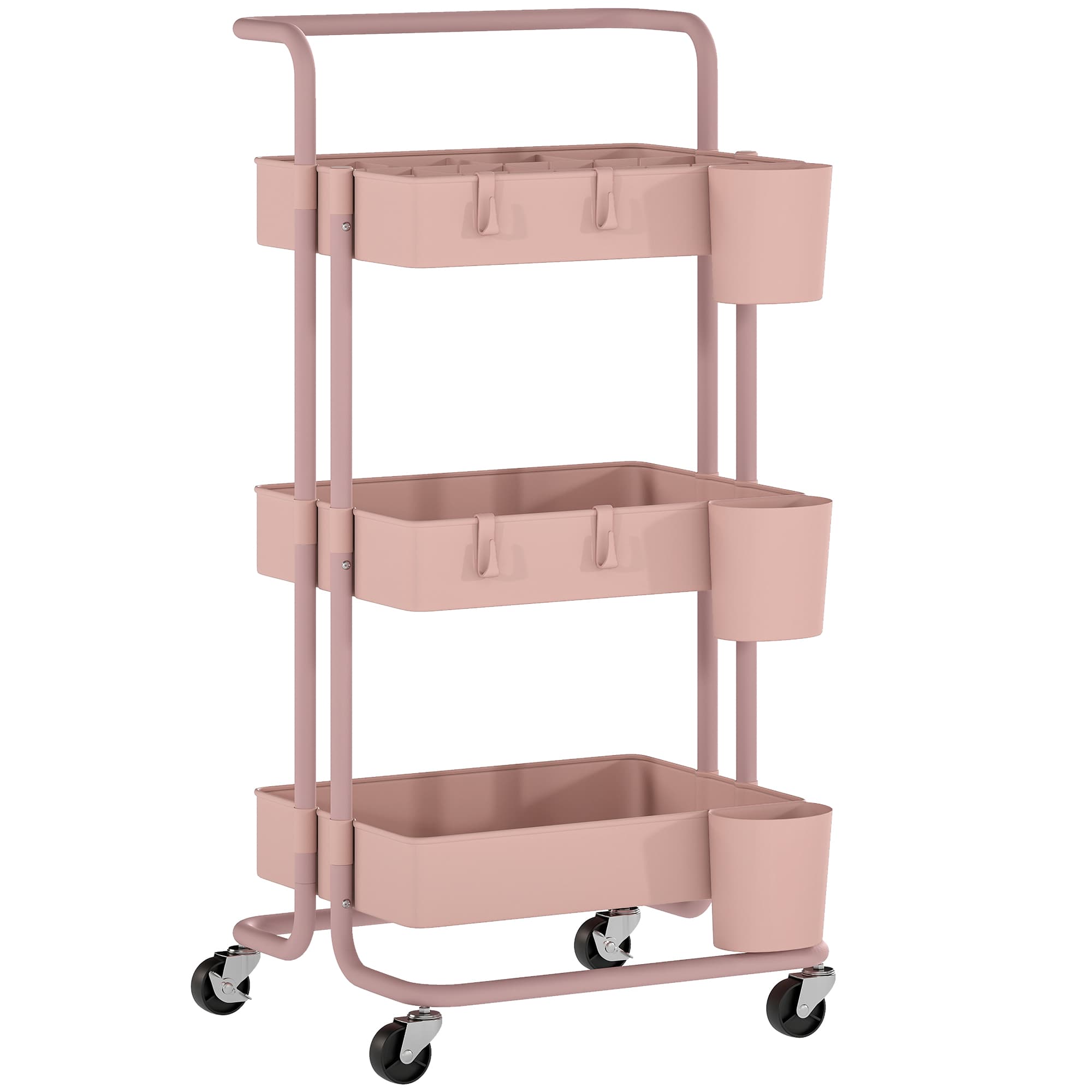 HOMCOM Chariot à 3 niveaux desserte avec 4 crochets et 3 boîtes suspendues amovibles pour 42 x 38 x 86,5 cm rose