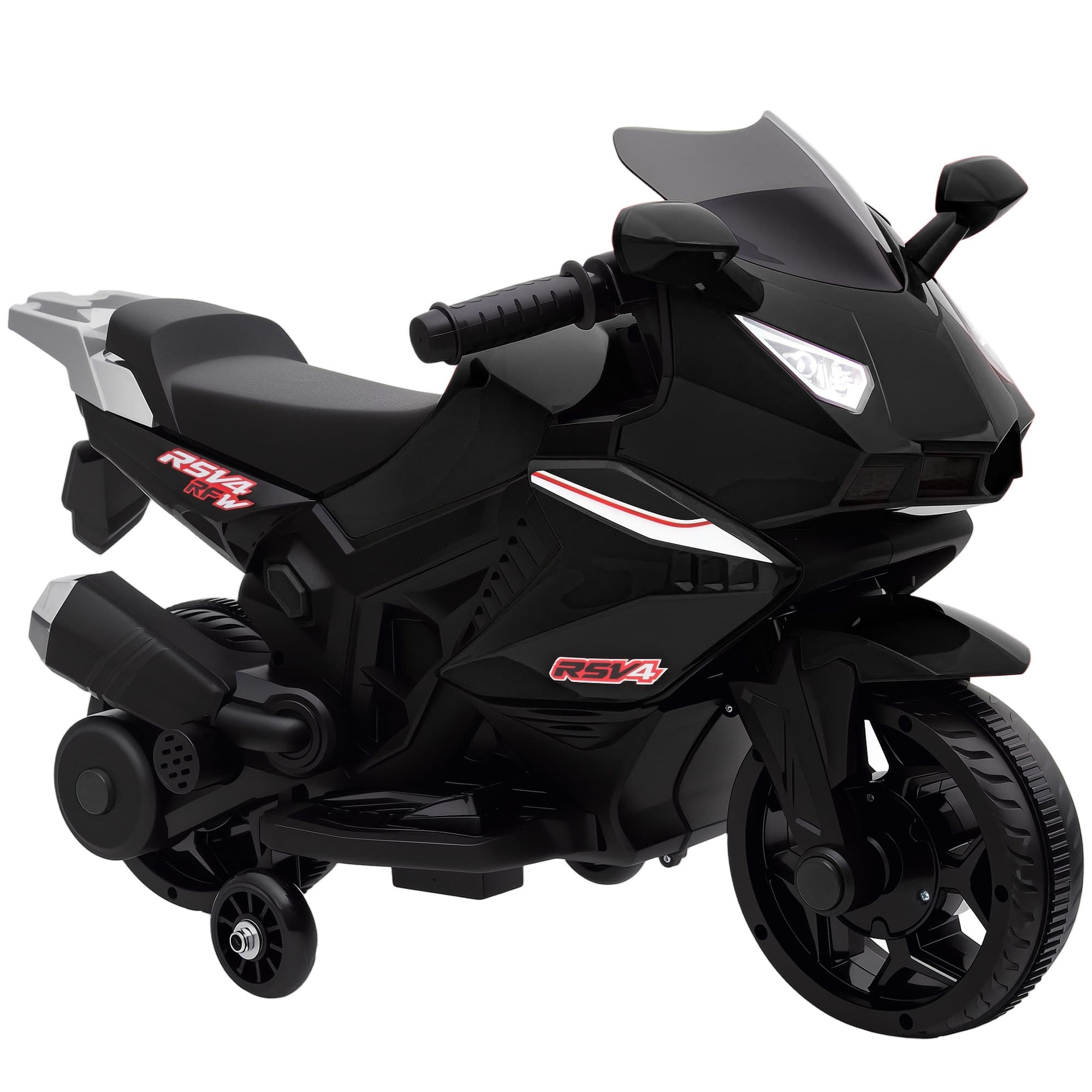 AIYAPLAY Moto électrique enfants, moto à batterie 6 V avec effets lumineux et sonores, roues d'entraînement, 75x36x49cm, noir