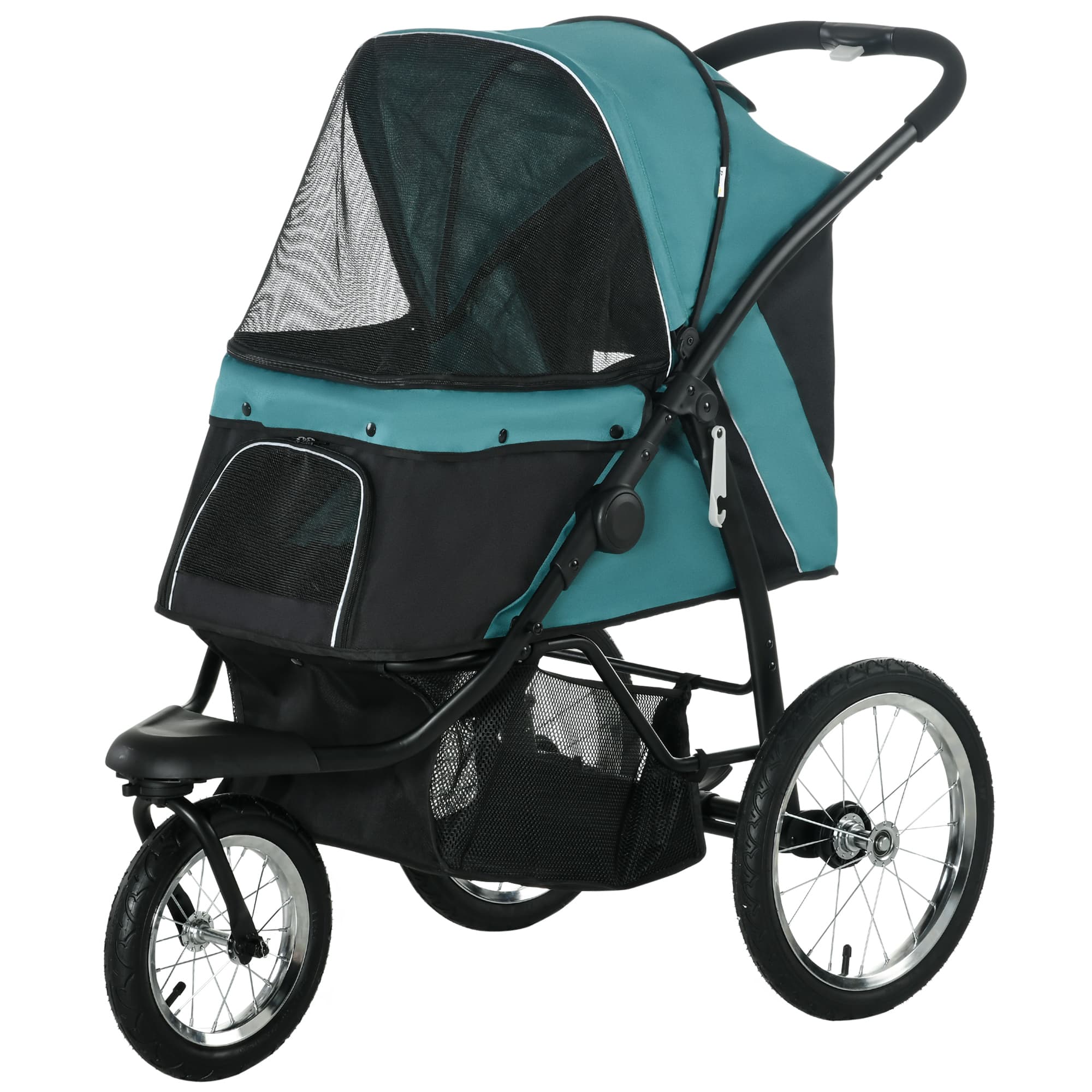 PawHut Poussette pour Chien Pliable Tout Terrain, Roue Avant Verrouillable, Coussin, Auvent Réglable, 111x58x107cm, Vert Foncé