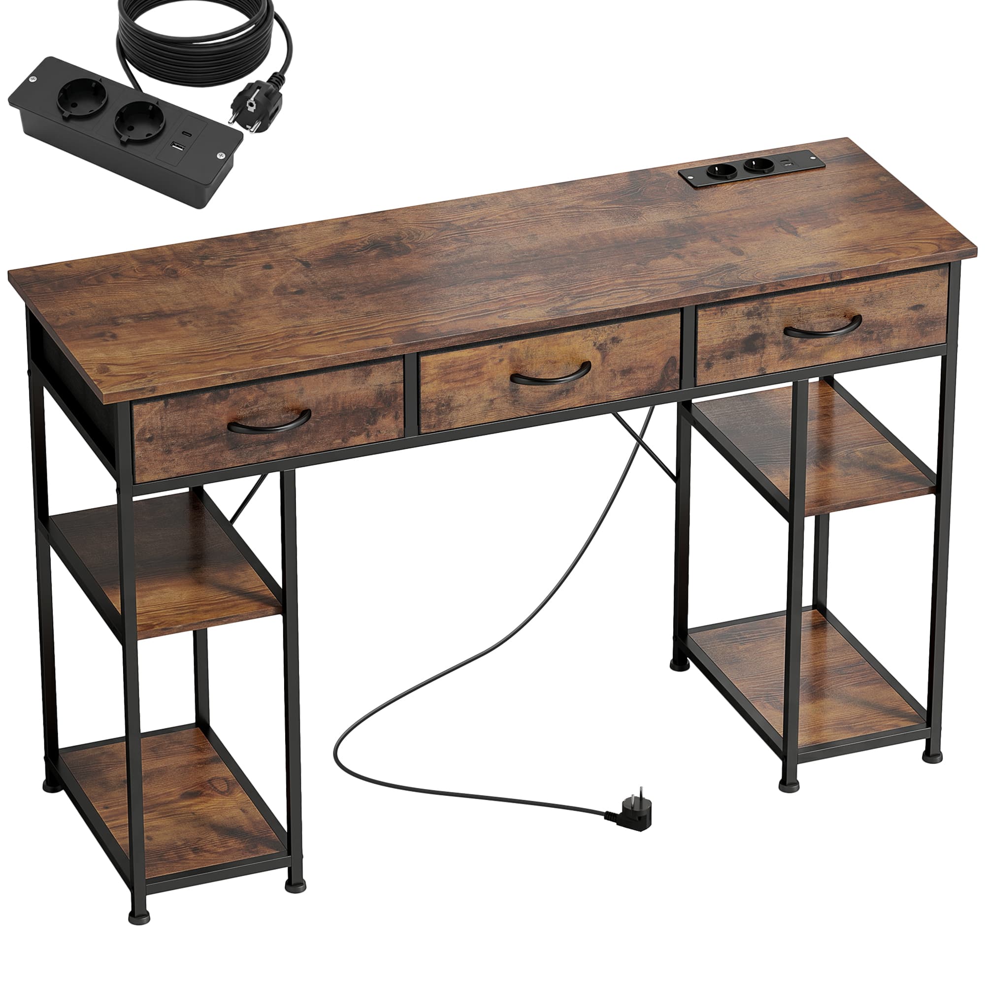 HOMCOM Bureau avec rangement avec prises de courant, 3 tiroirs en tissu et 4 étagères de rangement, 120 x 40 x 76 cm, marron