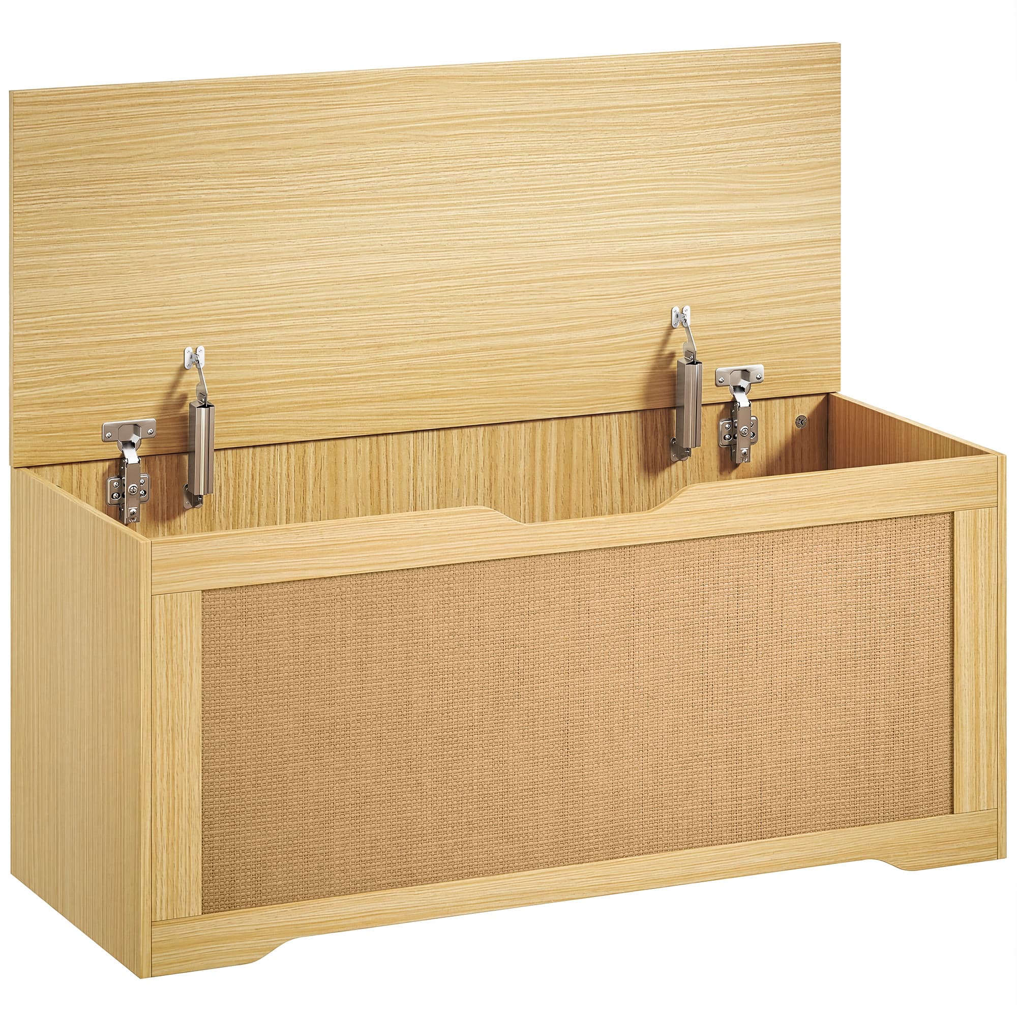 HOMCOM Coffre de Rangement en Rotin 136L, Banc Coffre avec Couvercle Relevable et 2 Charnières de Sécurité, Chêne