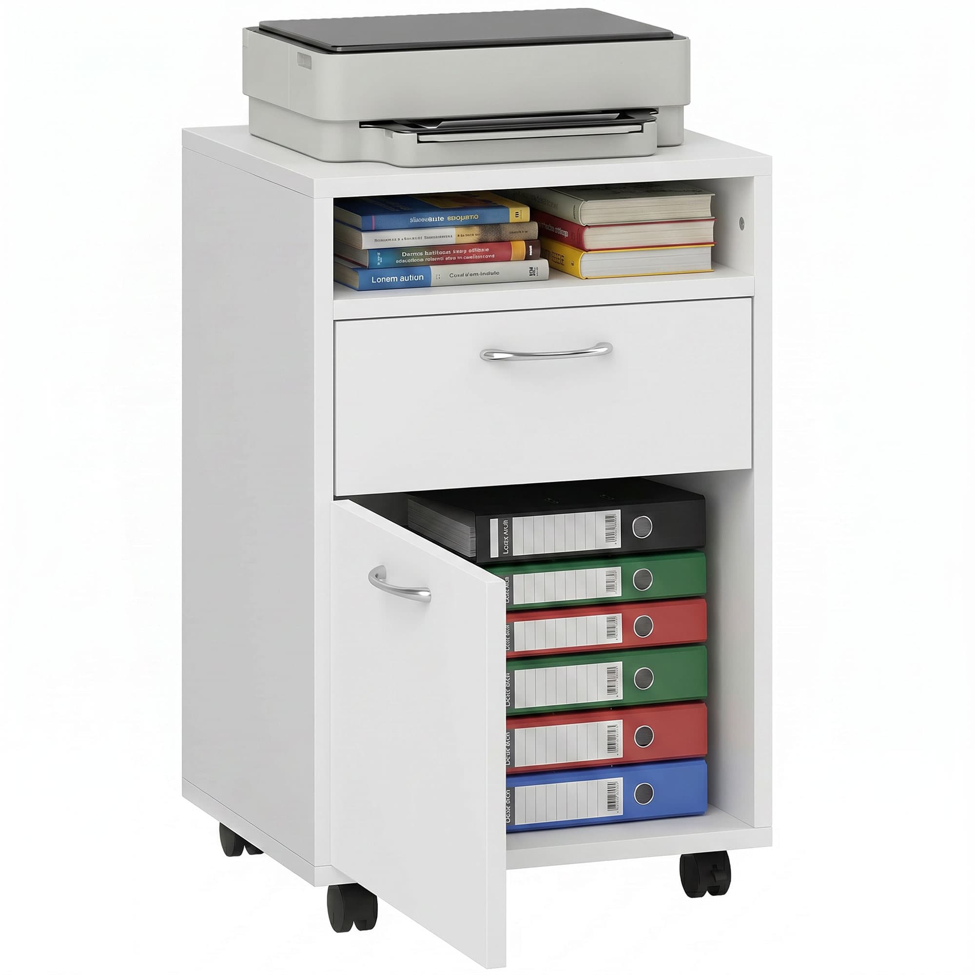 HOMCOM Caisson Bureau Mobile Blanc avec Niche Tiroir Placard sur Roulettes 40x35x60cm pour Organisation Optimale Aosom France