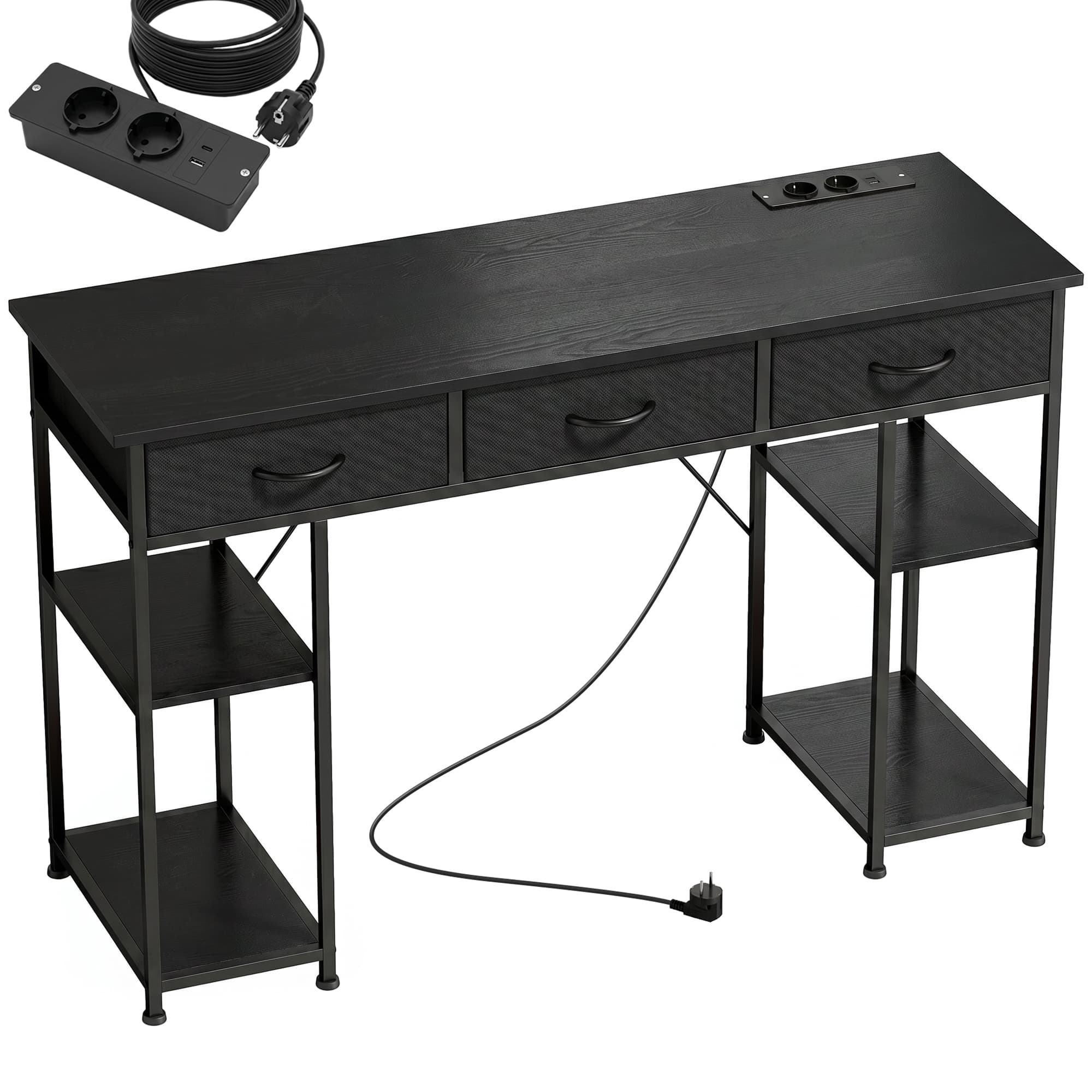 HOMCOM Bureau avec rangement avec prises de courant, 3 tiroirs en tissu et 4 étagères de rangement, 120 x 40 x 76 cm, noir
