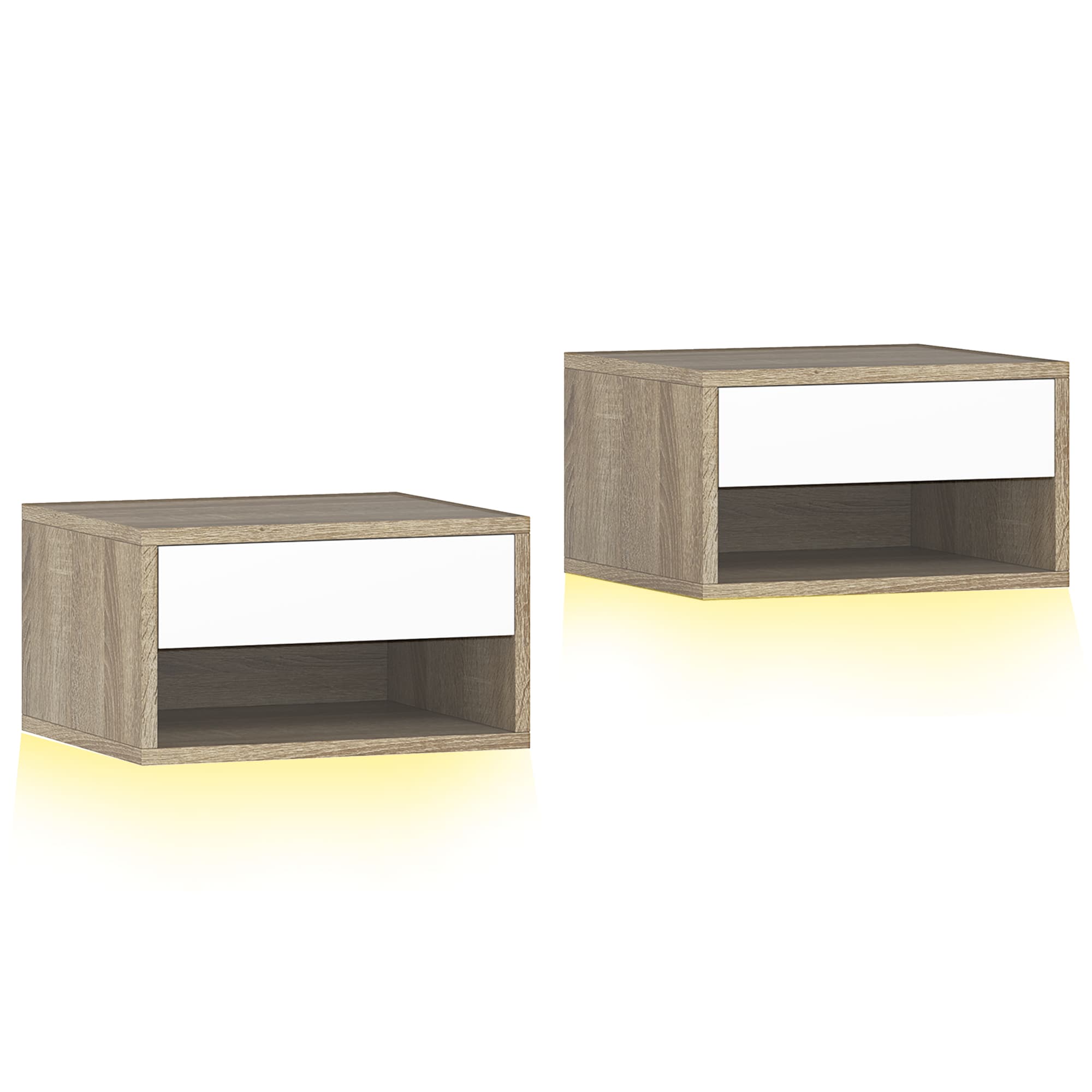 HOMCOM Lot de 2 tables de chevet suspendues avec éclairage LED RGB contrôle par application, étagère, tiroir, 37x32x21cm, teck