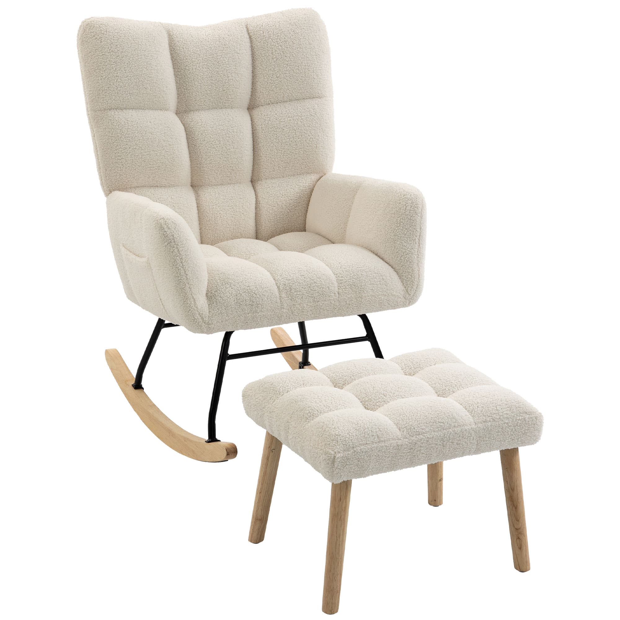 HOMCOM Fauteuil à Bascule avec Repose-Pieds, Rocking Chair en Tissu Bouclette, Assise Rembourrée, Dossier Large, Crème