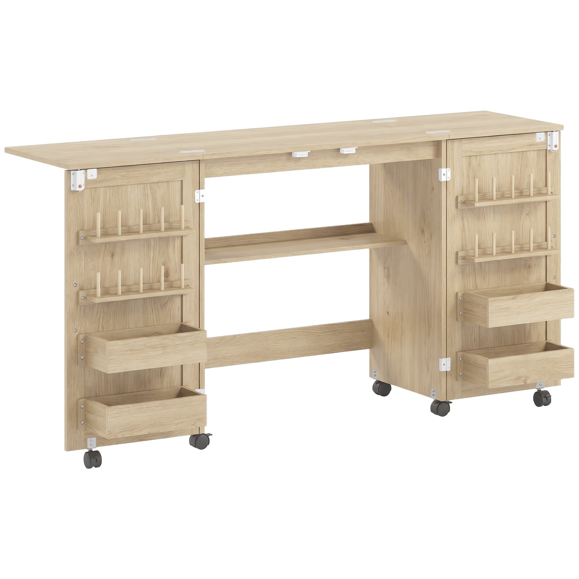 HOMCOM Table de couture pliante, meuble couture à roulettes, 2 portes magnétiques, 4 bacs, 20 crochets, 160x40x83cm, chêne