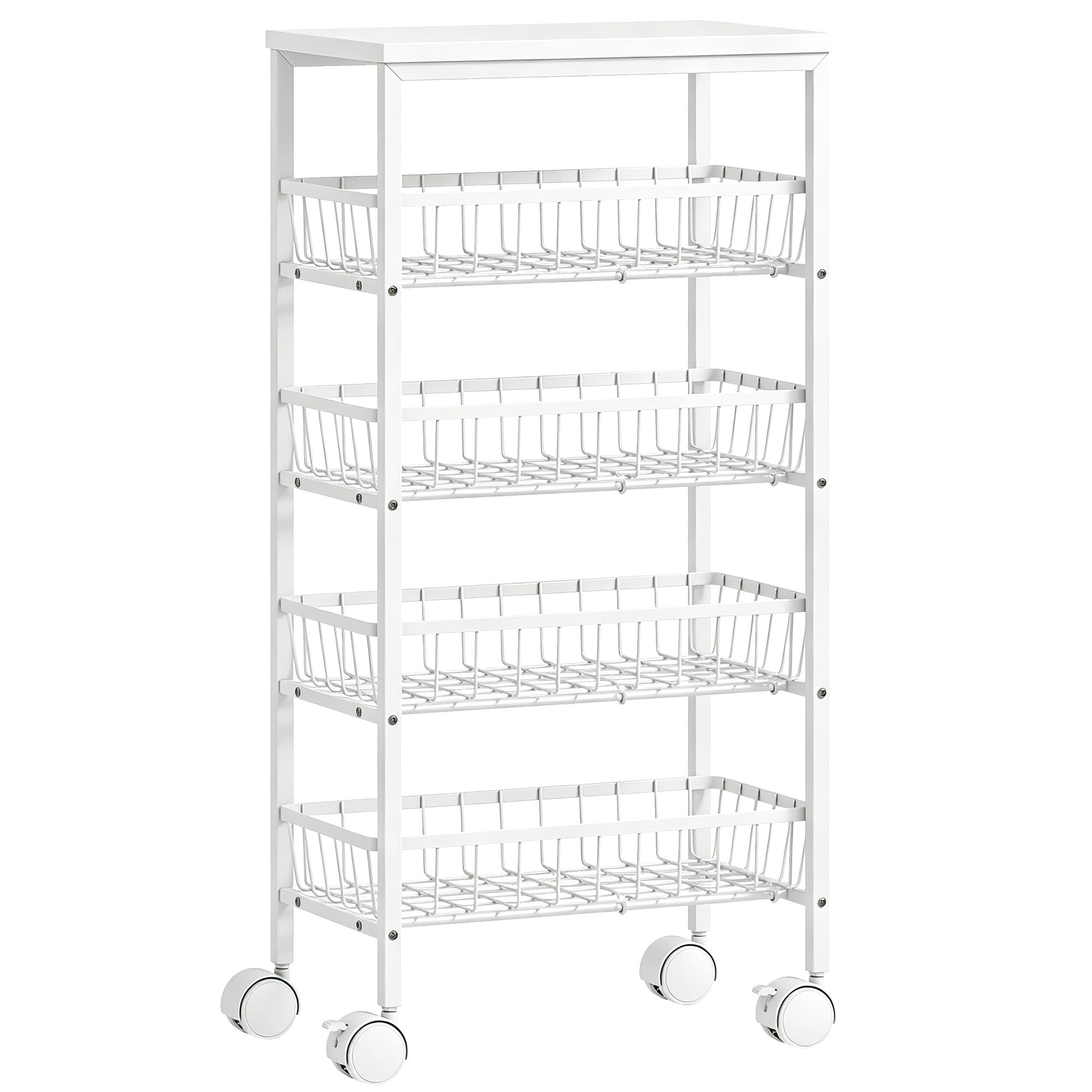 HOMCOM Chariot de rangement à 4 niveaux, desserte à roulettes avec paniers amovibles, cadre en métal, blanc