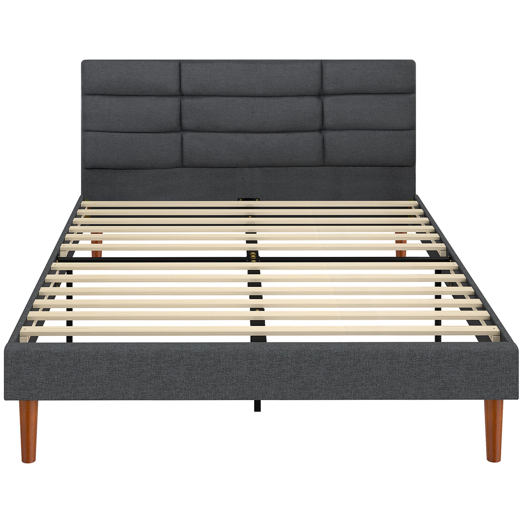 HOMCOM Cadre de Lit 140 x 200 cm avec Sommier Bois, Lit Double Rembourré en Effet Lin, Rangement au-dessous, Sans Bruit, Gris