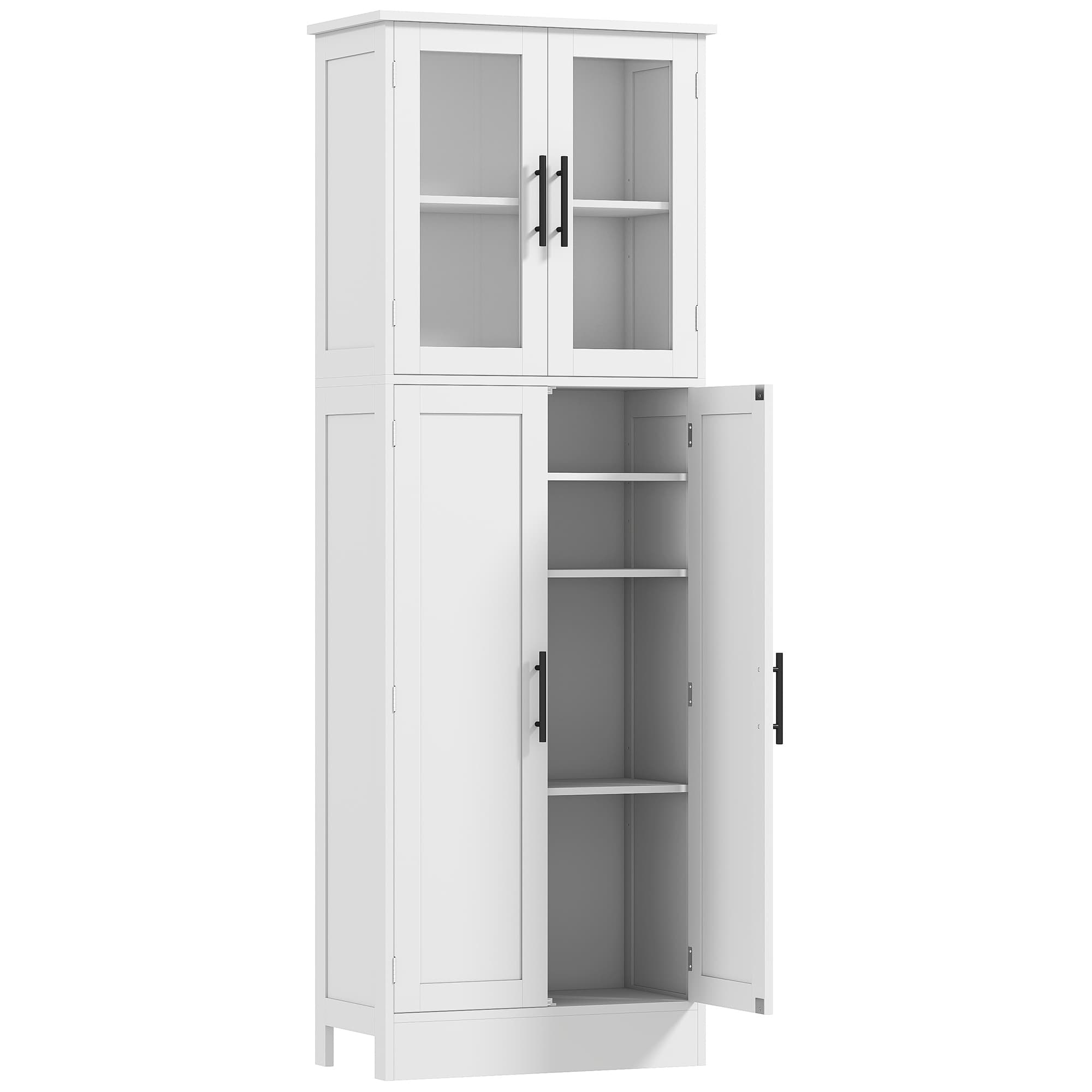 HOMCOM Meuble de salle de bain haut 6 niveaux, meuble de rangement avec 4 portes dont 2 vitrées et étagères réglables, blanc