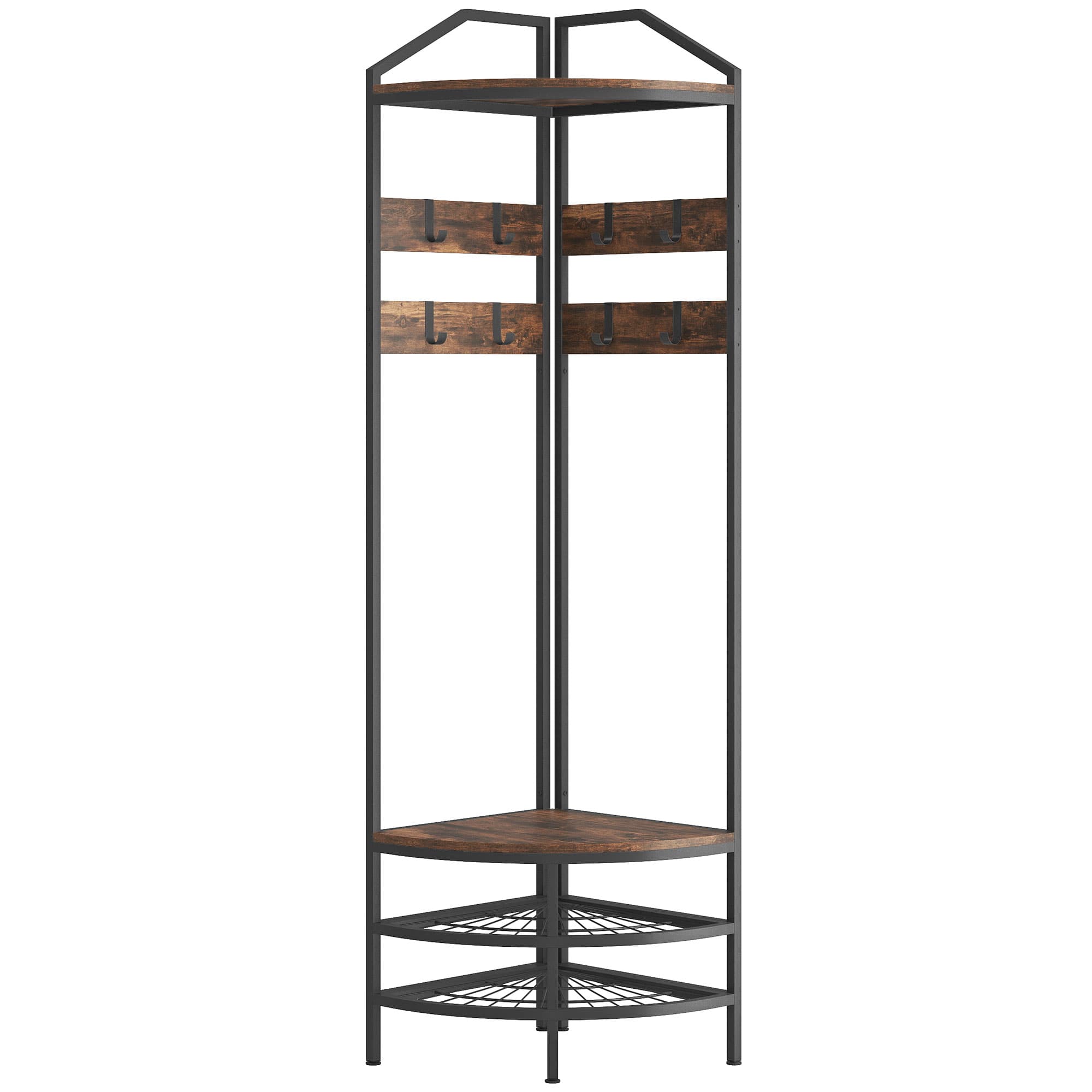 HOMCOM Meuble d'entrée d'angle, vestiaire à 4 niveaux, rangement pour chaussures, 8 patères mobiles, 2 étagères, brun rustique