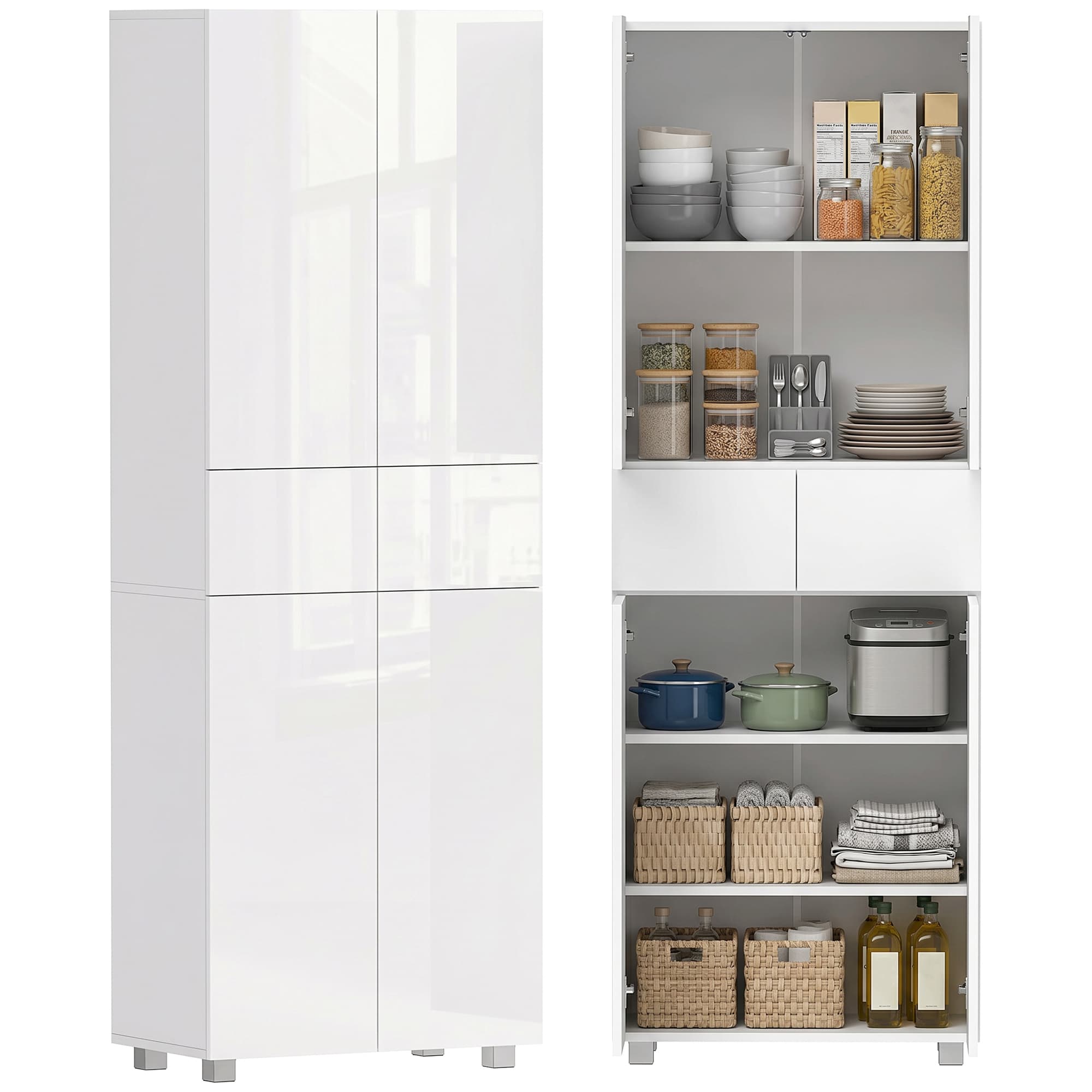 HOMCOM Armoire de cuisine meuble de rangement buffet 4 portes avec étagères réglables - dim. 60L x 35l x 170H cm blanc laqué