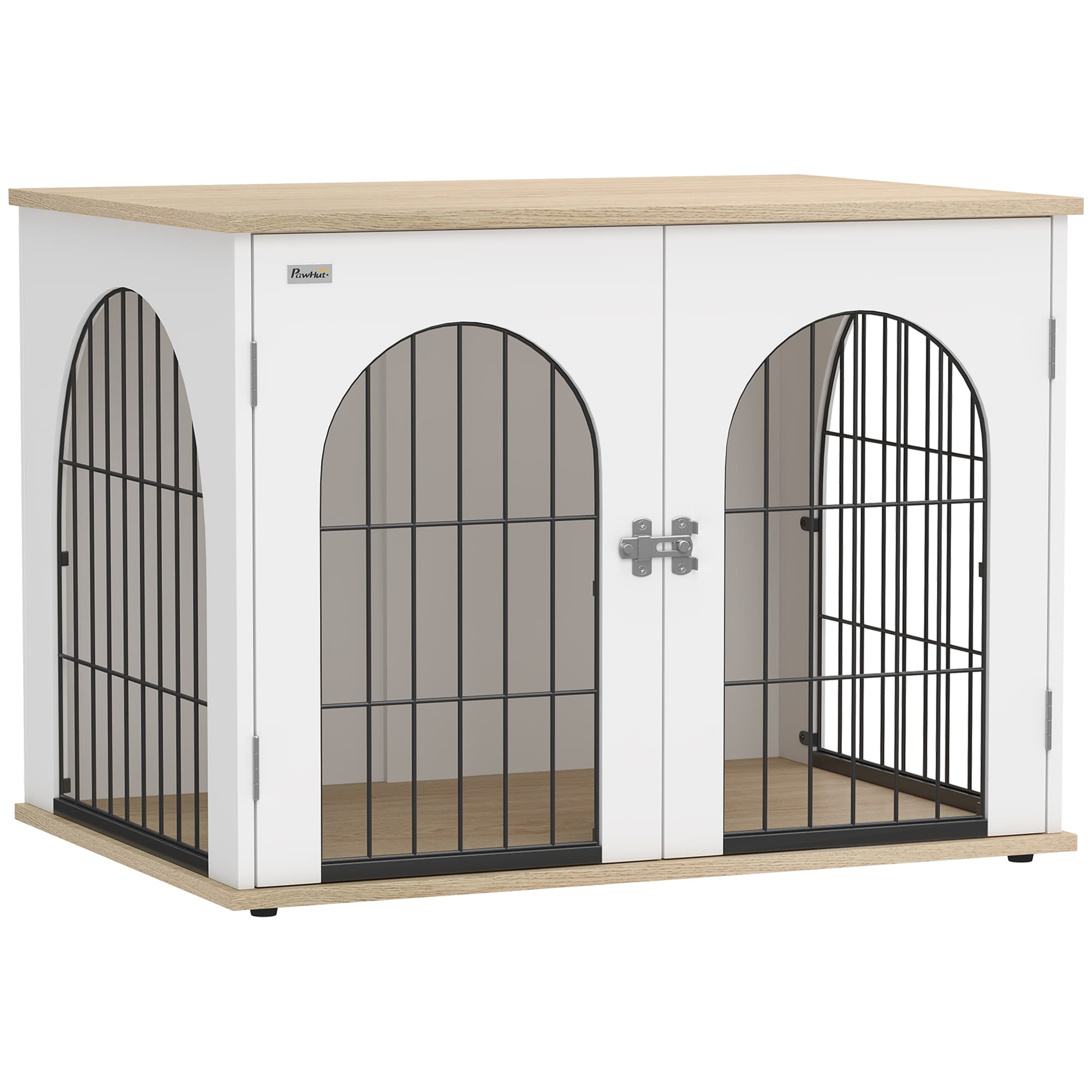 PawHut Cage pour Chien Meuble Cage Chien Intérieur Arche avec Double Porte comme Table d'Appoint en Métal 80x56x59cm Blanc