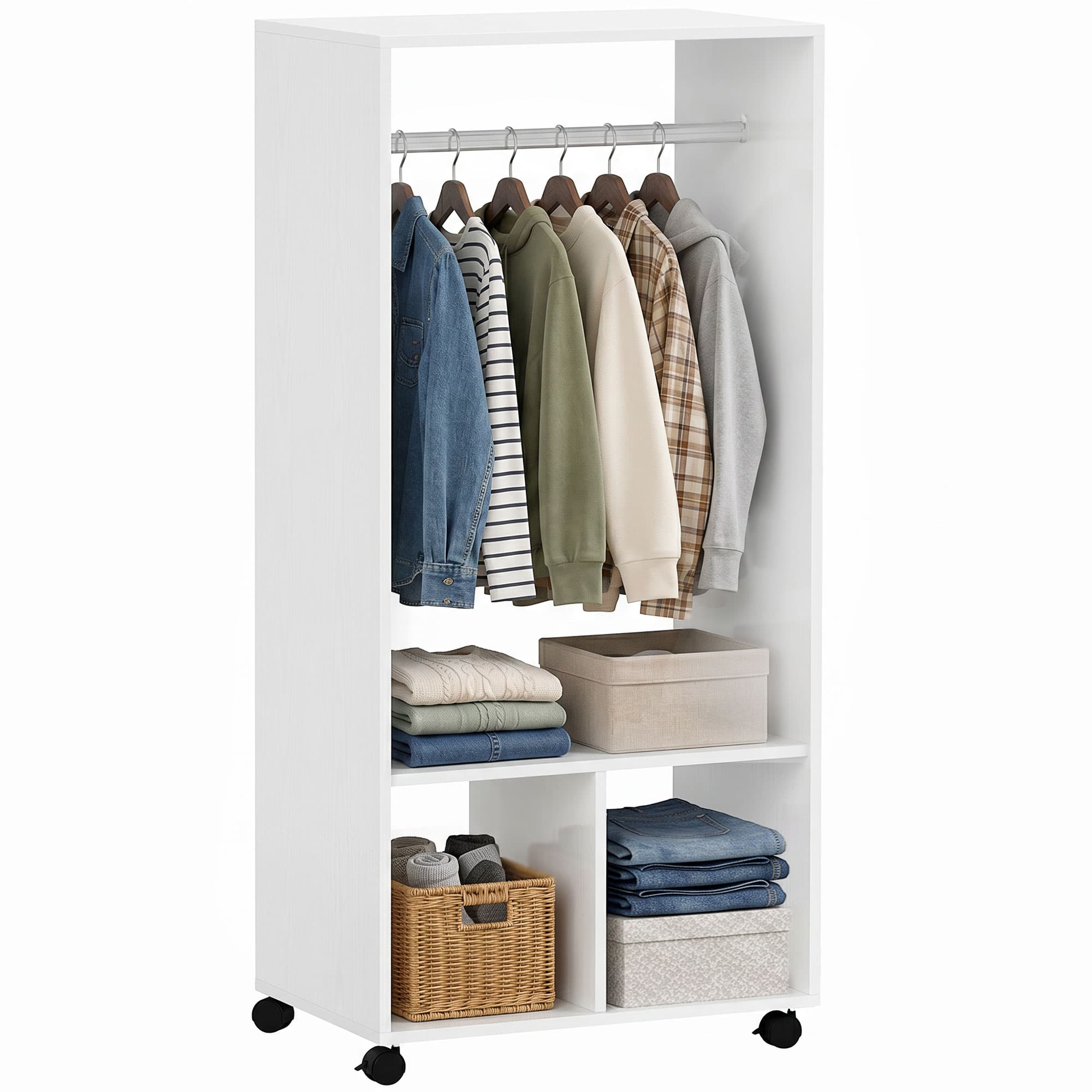 HOMCOM Portant à vêtements penderie mobile avec roulettes 2 niches + grand espace penderie panneaux particules blanc