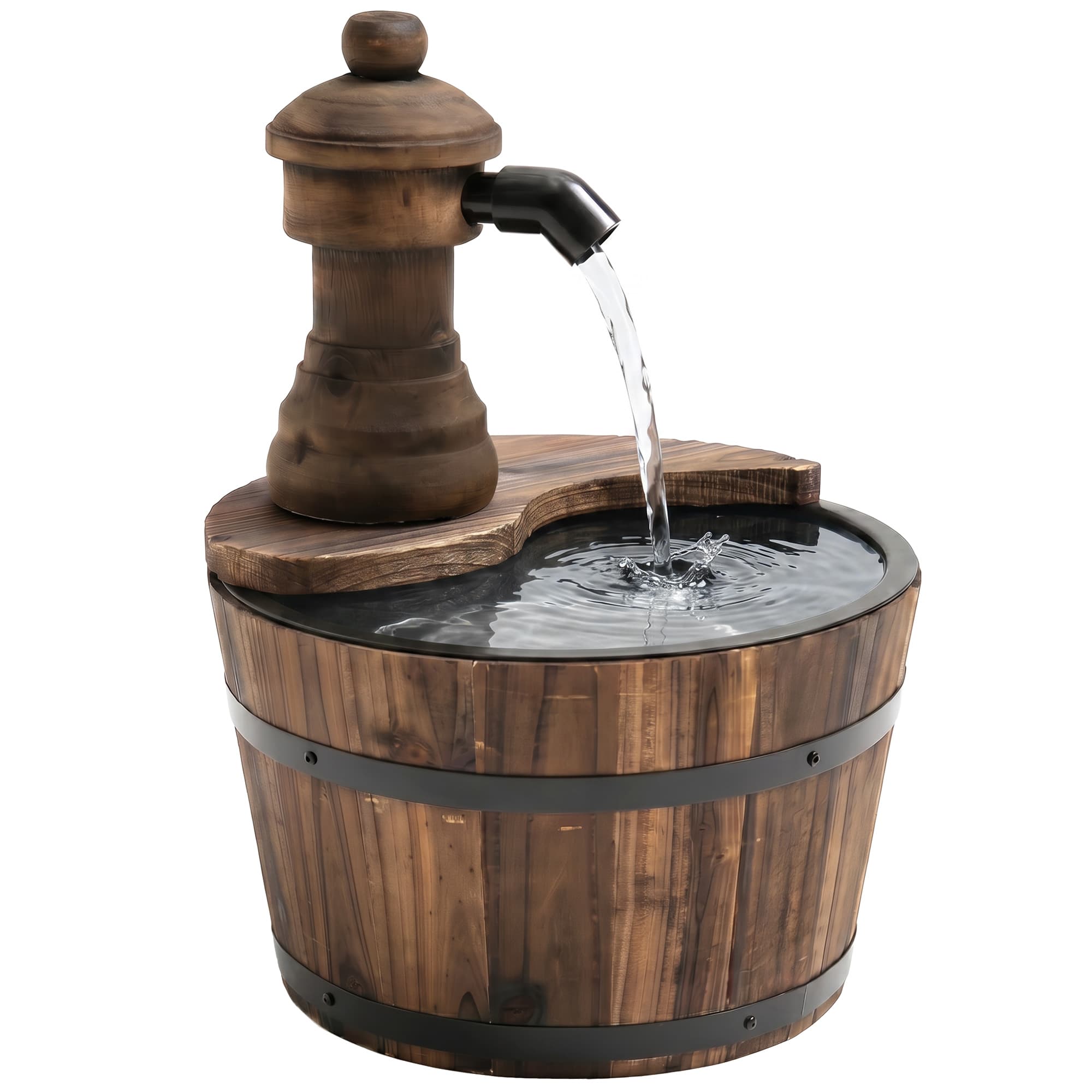 Outsunny Fontaine de jardin tonneau fontaine décorative en cascade circuit fermé pompe à eau submersible incluse Ø 27 x 37H cm bois de pin marron