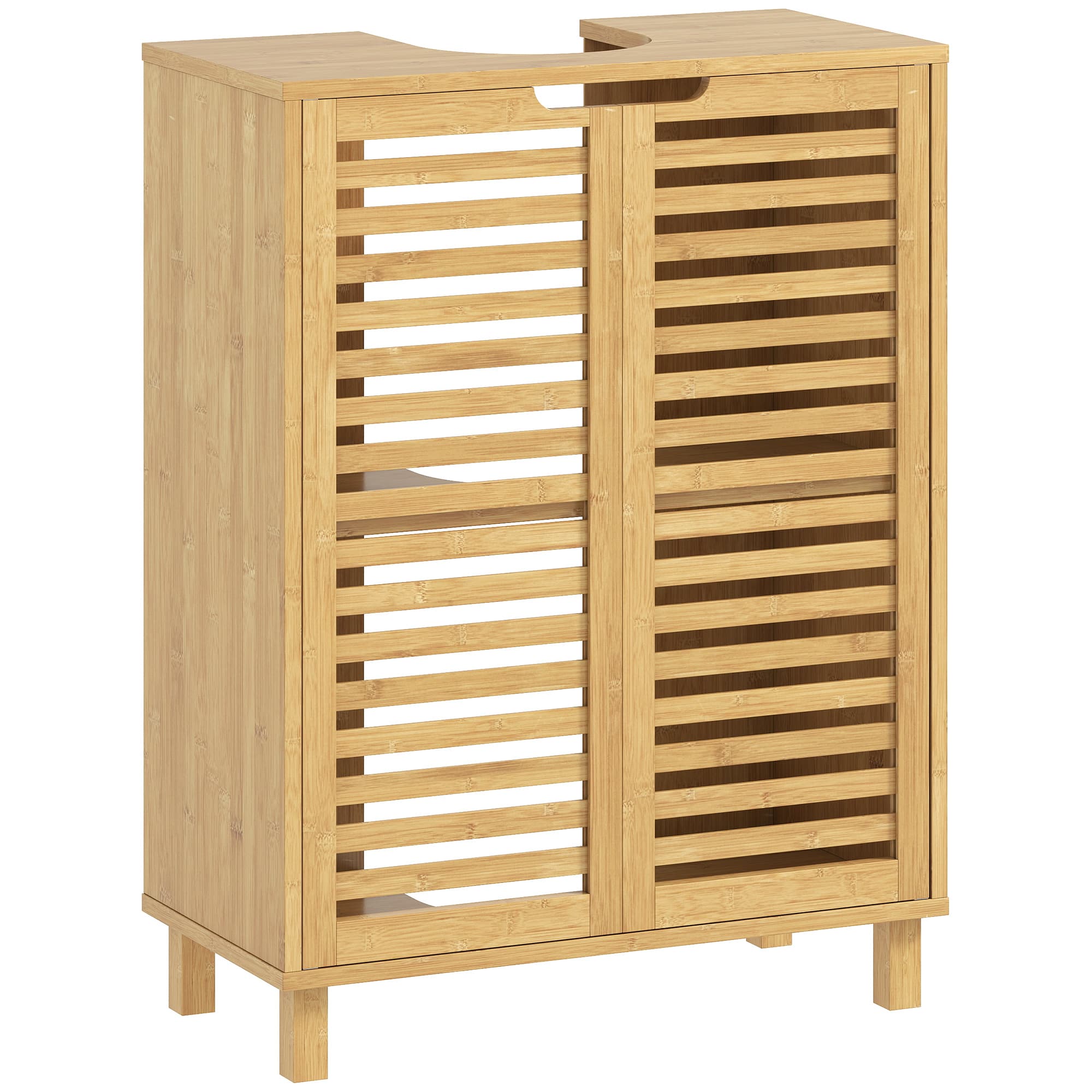 HOMCOM Meuble sous Lavabo en Bambou, Meuble de Salle de Bain avec 2 Portes Persiennes, Étagère Réglable, Bois Naturel