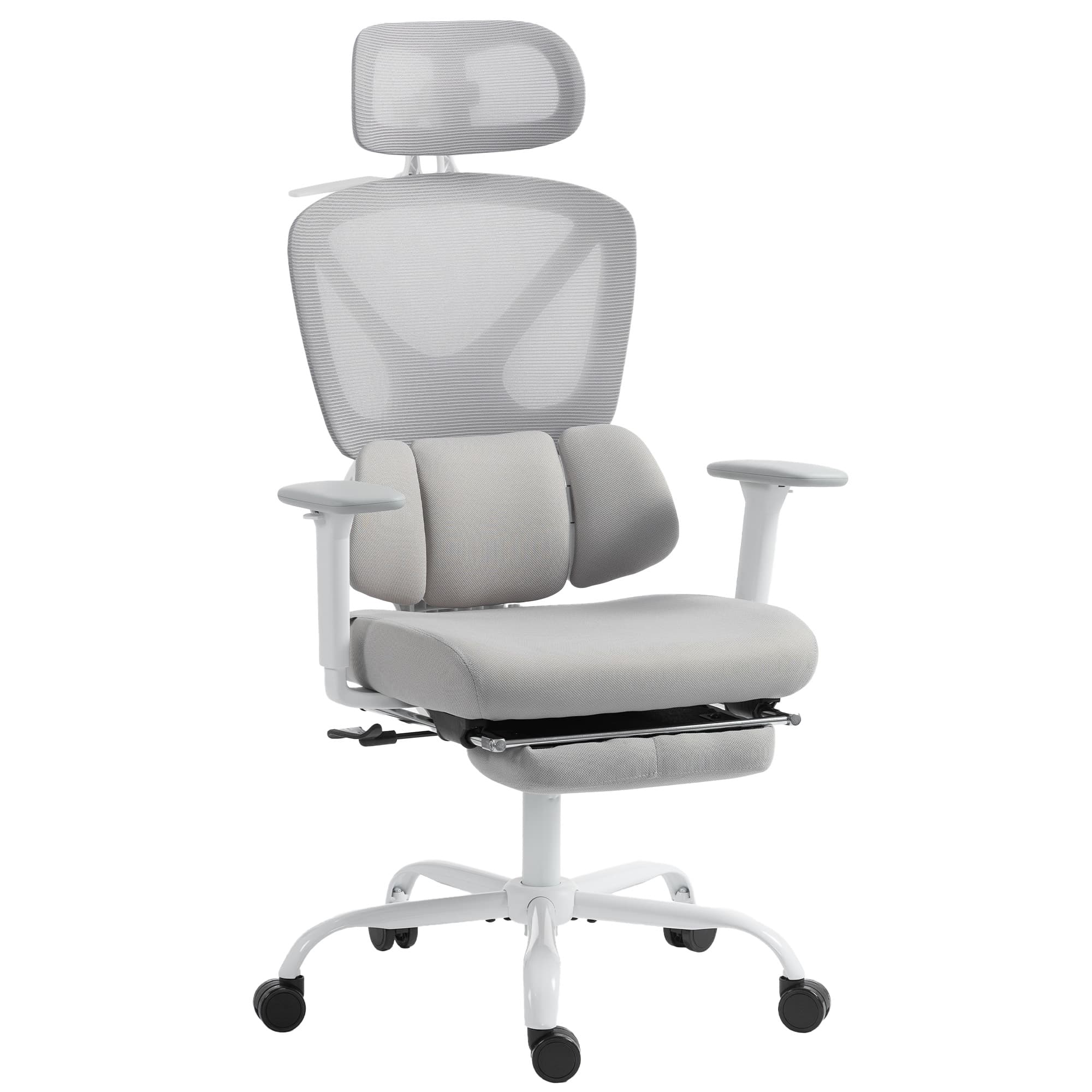 HOMCOM Chaise bureau ergonomique, fauteuil de bureau avec soutien lombaire dynamique adaptatif, 73x75x120-128cm, gris