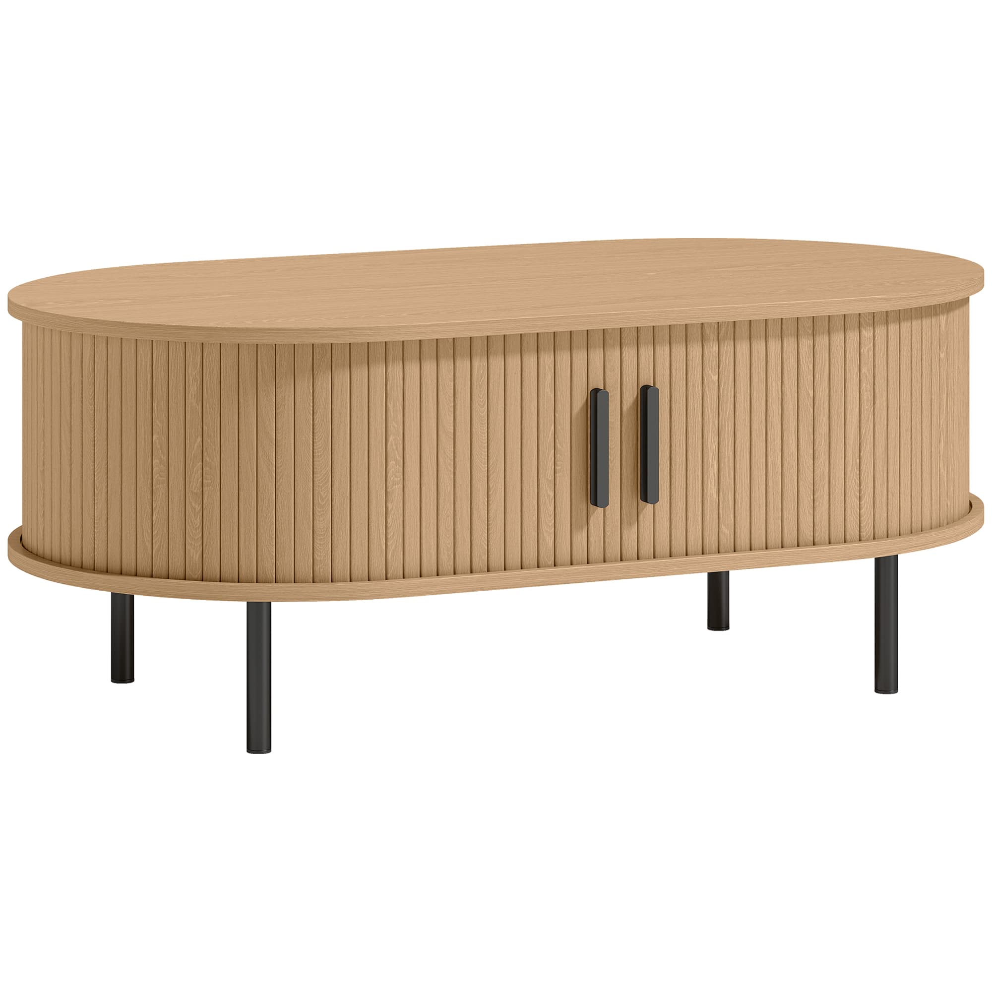 HOMCOM Table basse ovale en bois, table de salon moderne avec portes coulissantes et rangement caché, 100x55x40cm, bois naturel