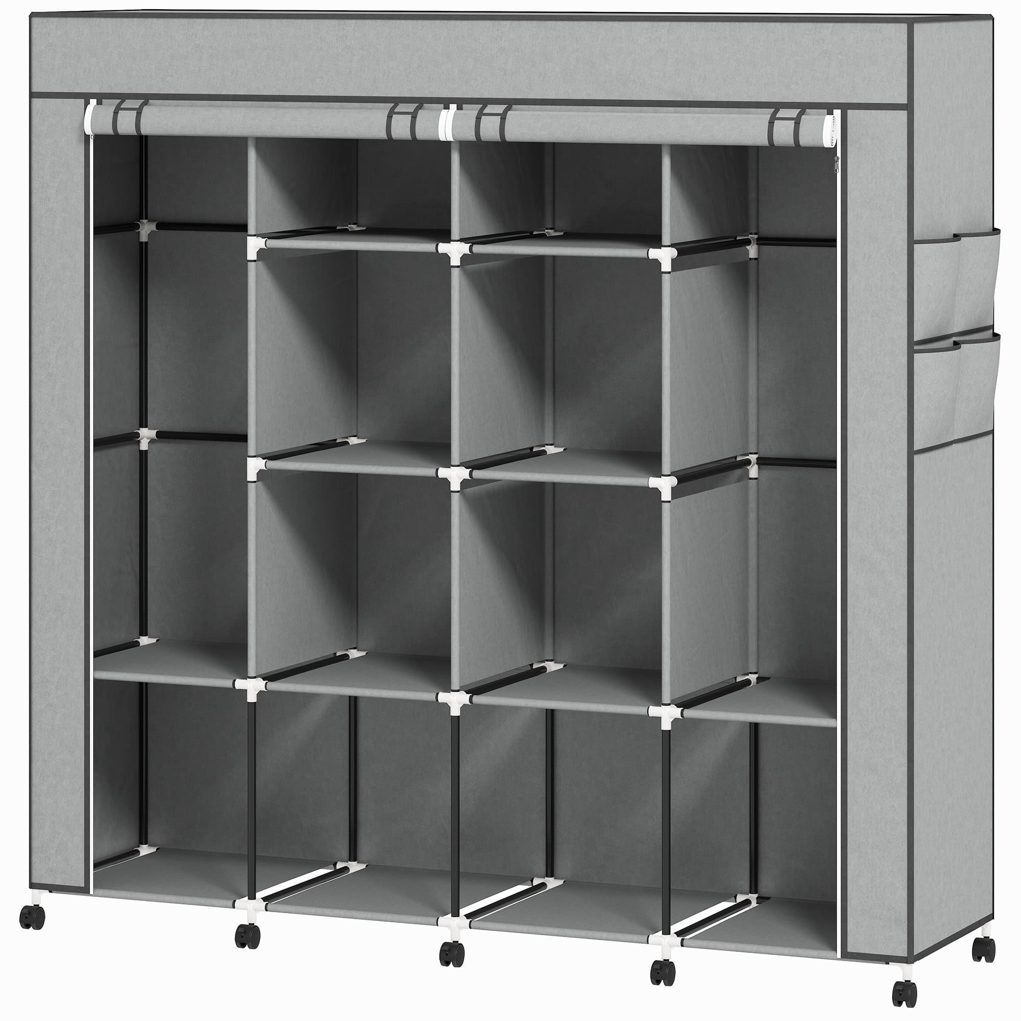 HOMCOM Armoire penderie en tissu, meuble de rangement mobile 10 roulettes avec 10 compartiments, barres de suspension, gris