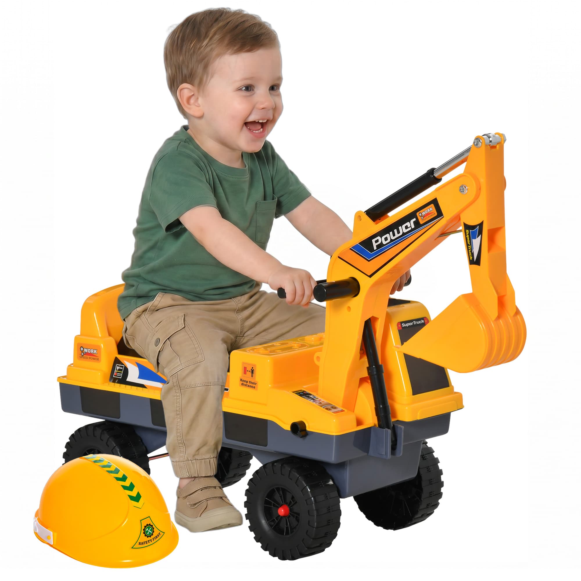 HOMCOM Porteur Enfant tractopelle 2-3 Ans Pelleteuse articulée avec Pince Incluse Effets sonores Lumineux PP Jaune