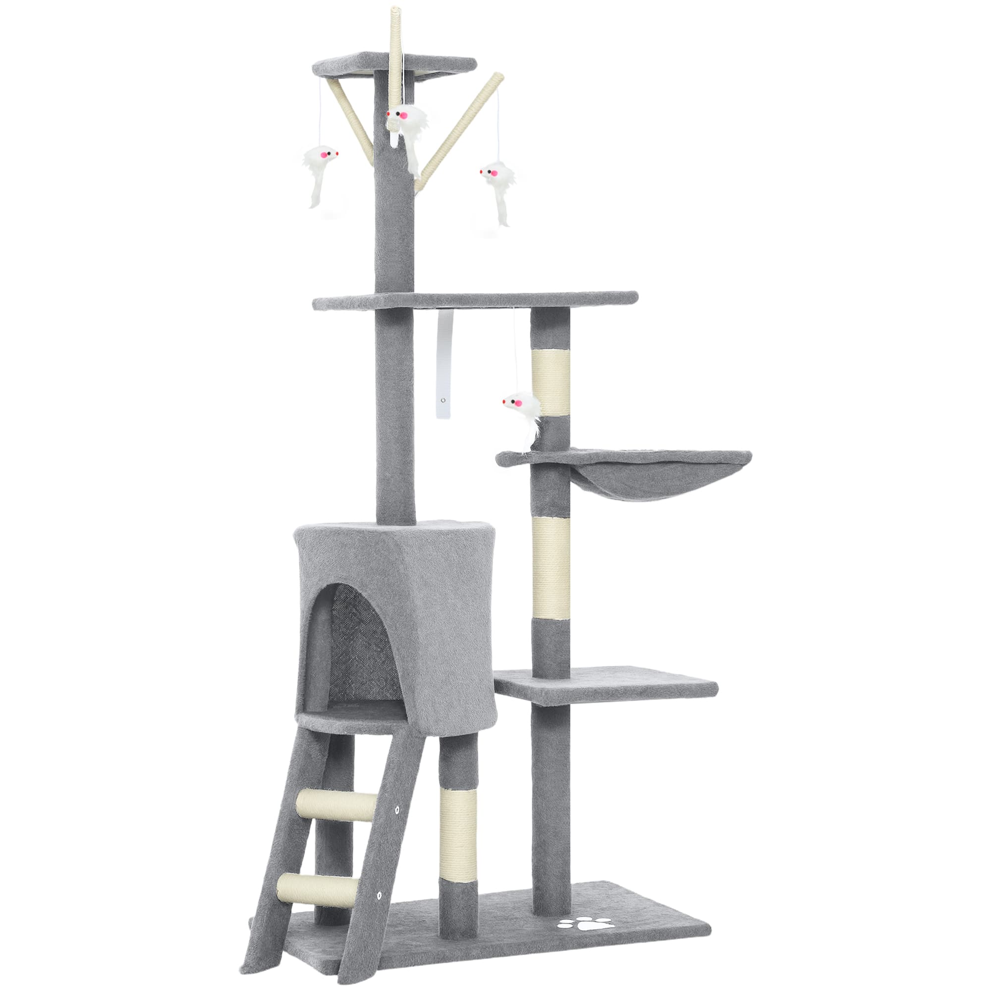 PawHut Arbre à Chat Tour de Jeux pour Chats Stable Multi-Niveaux avec Niche 3 Plate-Formes Hamac 60x35x134cm Gris
