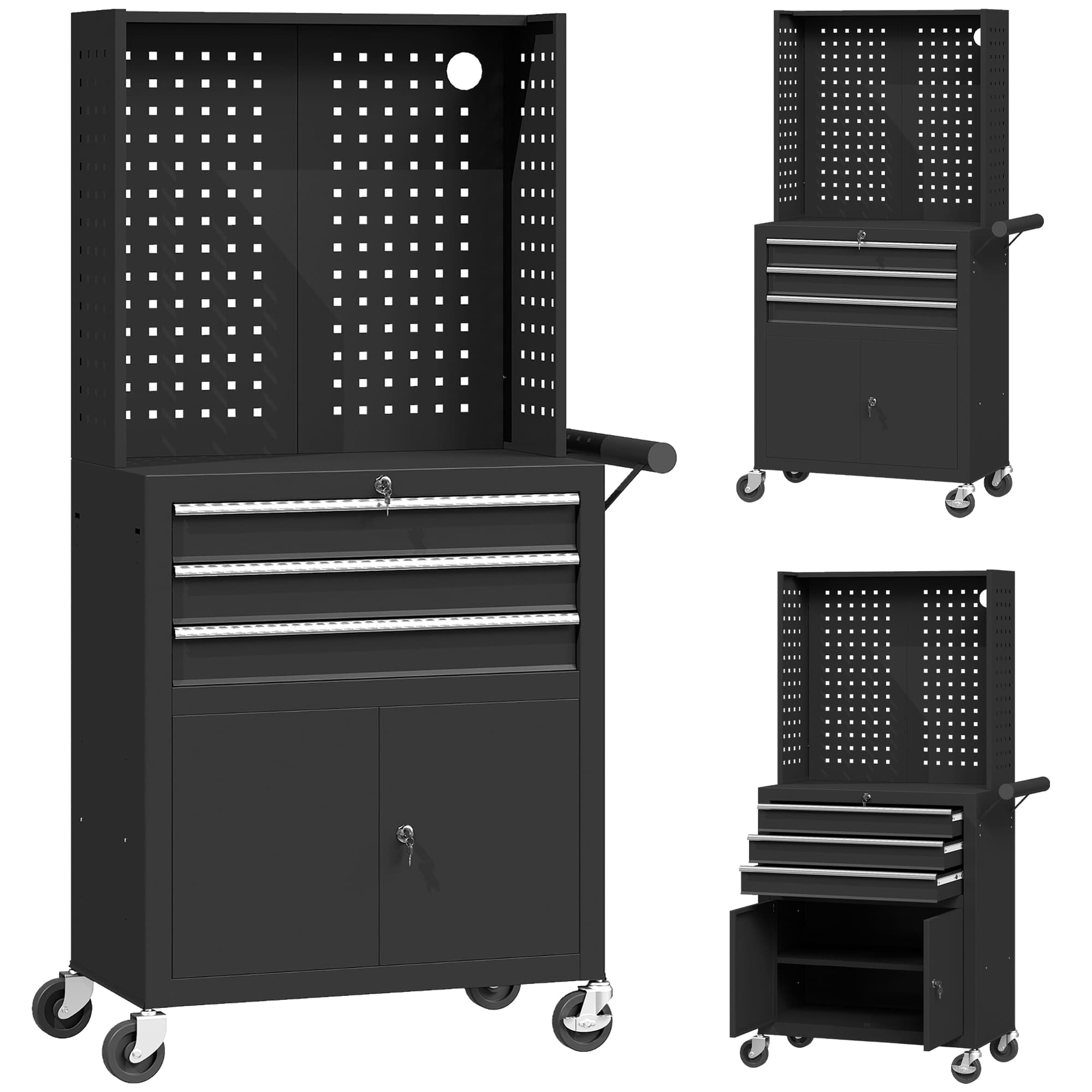 HOMCOM Servante d'atelier en acier à 3 tiroirs, chariot à outils sur roulettes, étagère réglable, panneau perforé, noir