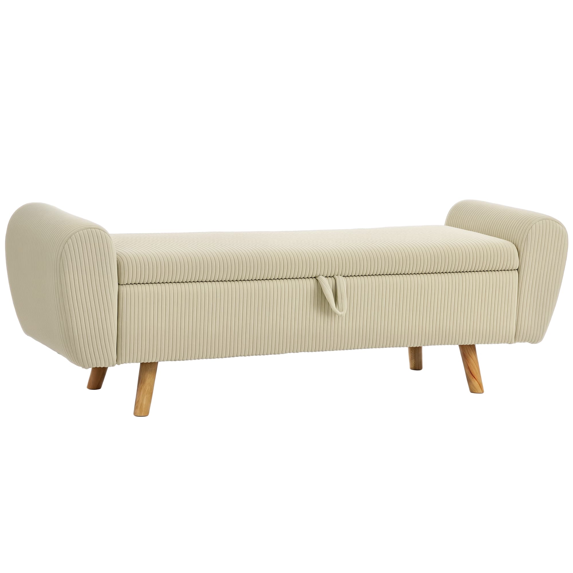 HOMCOM Banc de rangement 73 L, coffre de rangement rembourré en velours côtelé avec accoudoirs et pieds en bois d'hévéa, beige