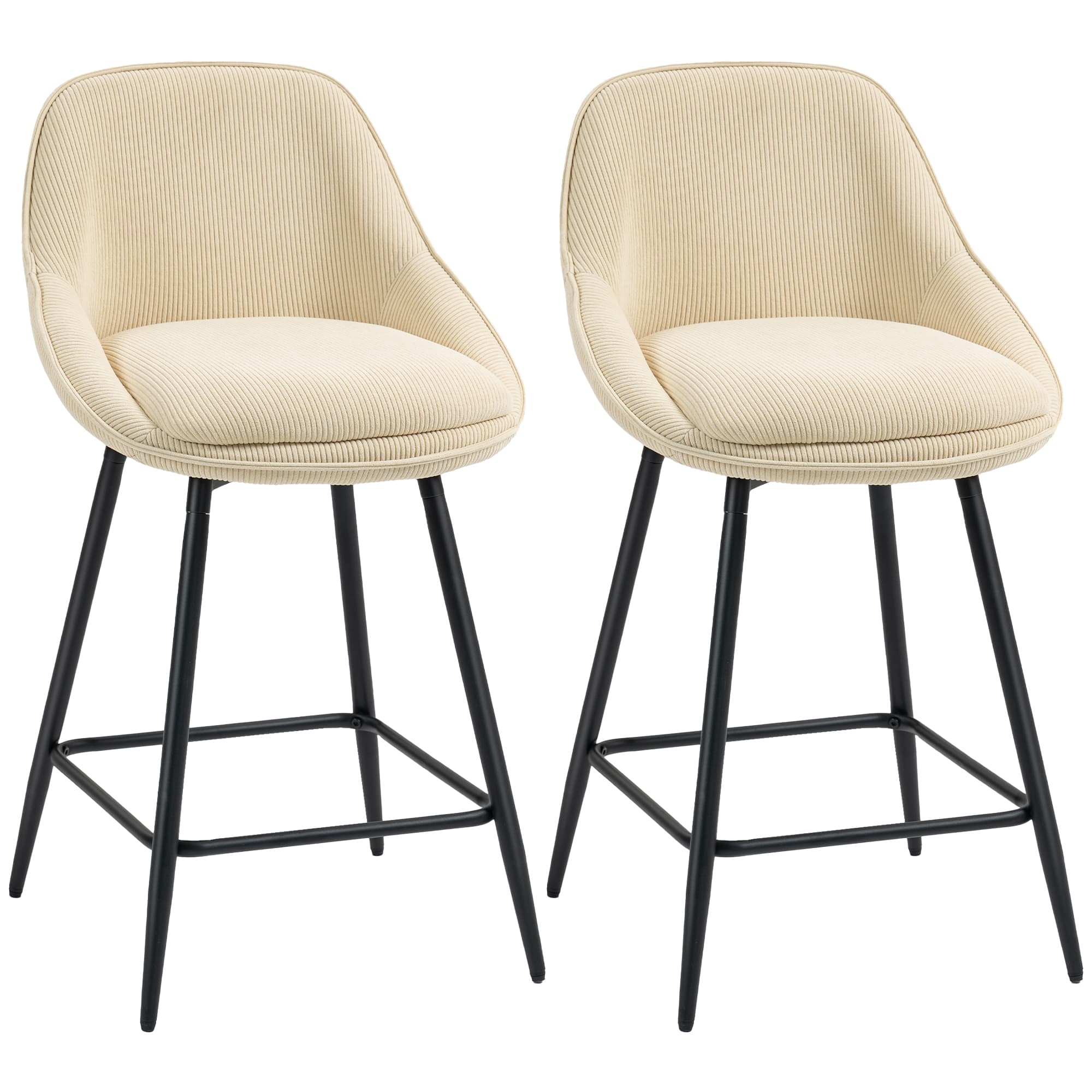 HOMCOM Lot de 2 tabourets de bar en tissu velours côtelé, chaises de bar avec dossier courbé, repose-pieds, 49x52x88cm, beige