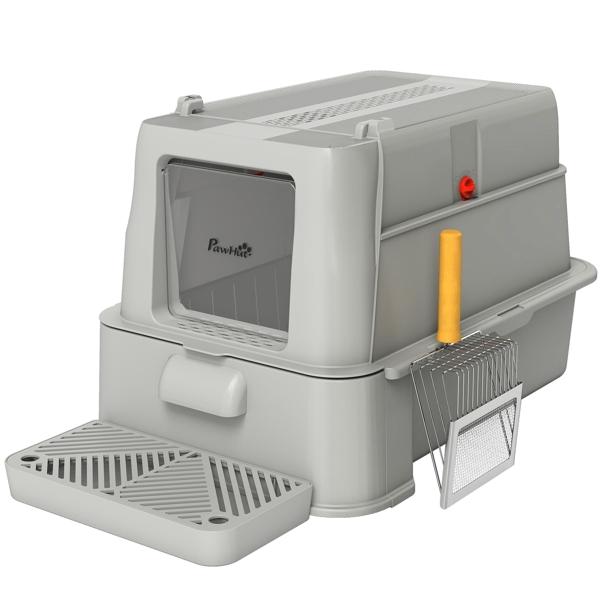 PawHut Bac à Litière XL 80L en Inox avec Couvercle Rabattable à 180°, Tiroir Coulissant, Pelle, 63 x 43 x 43 cm, Gris Clair