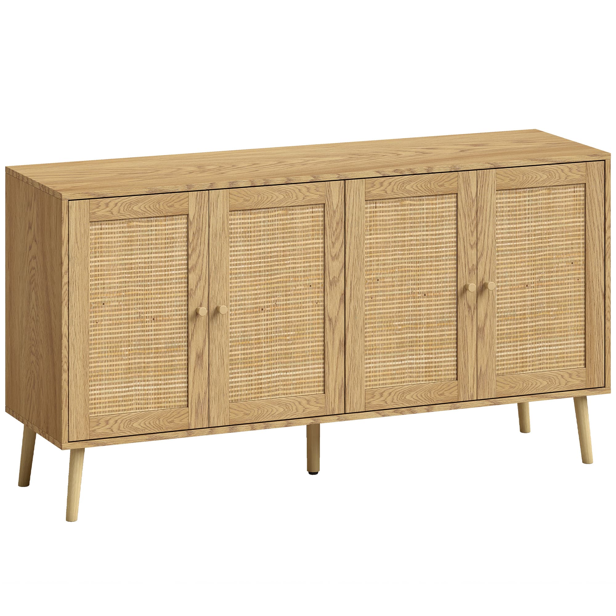 HOMCOM Buffet en rotin à 4 portes, buffet de cuisine bohème avec 2 étagères réglables, aspect bois naturel