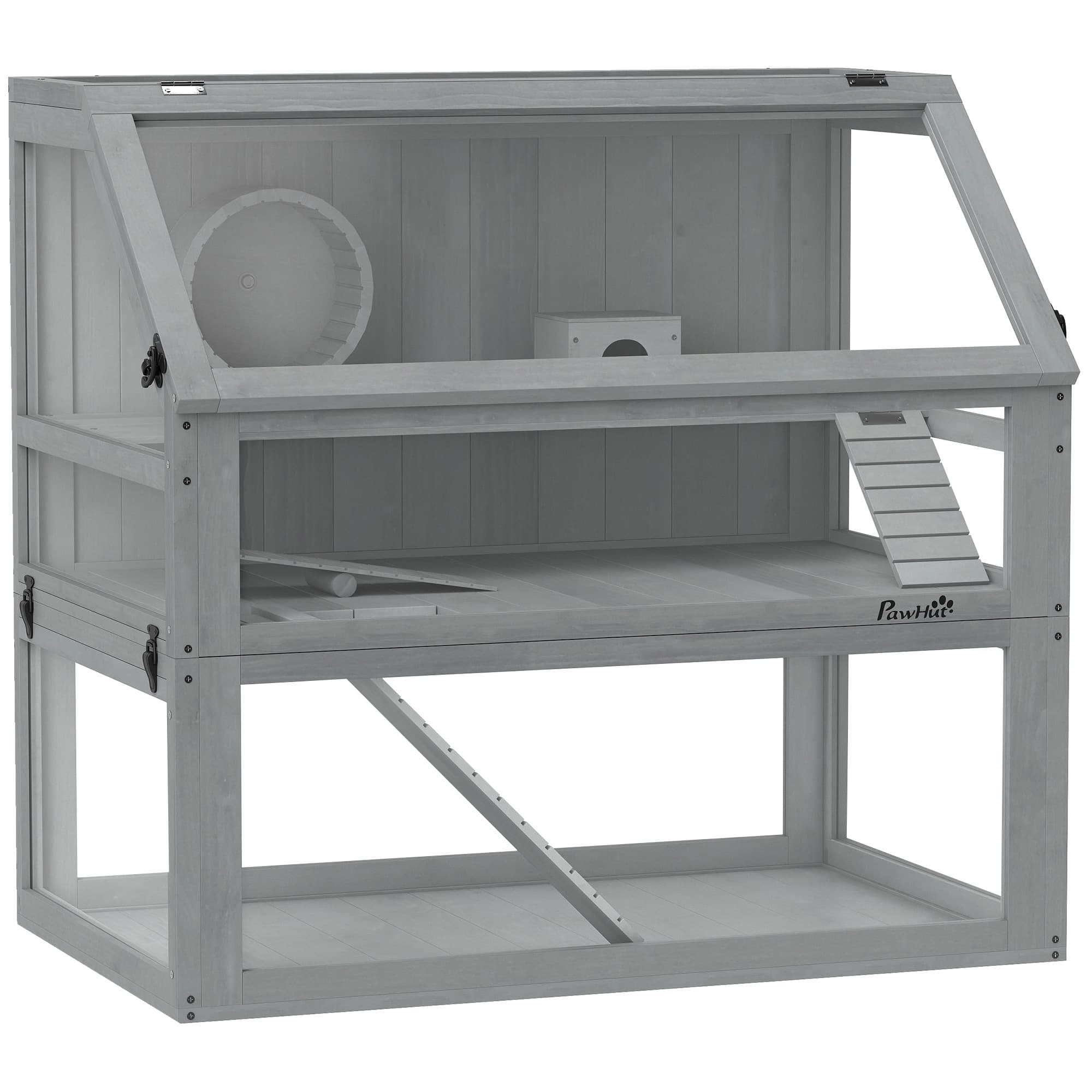 PawHut Cage Hamster Rongeur à 3 Niveaux, Fond Amovible de 31 cm de Profondeur, Cabane, Balançoire, 80x50x76cm Gris Clair