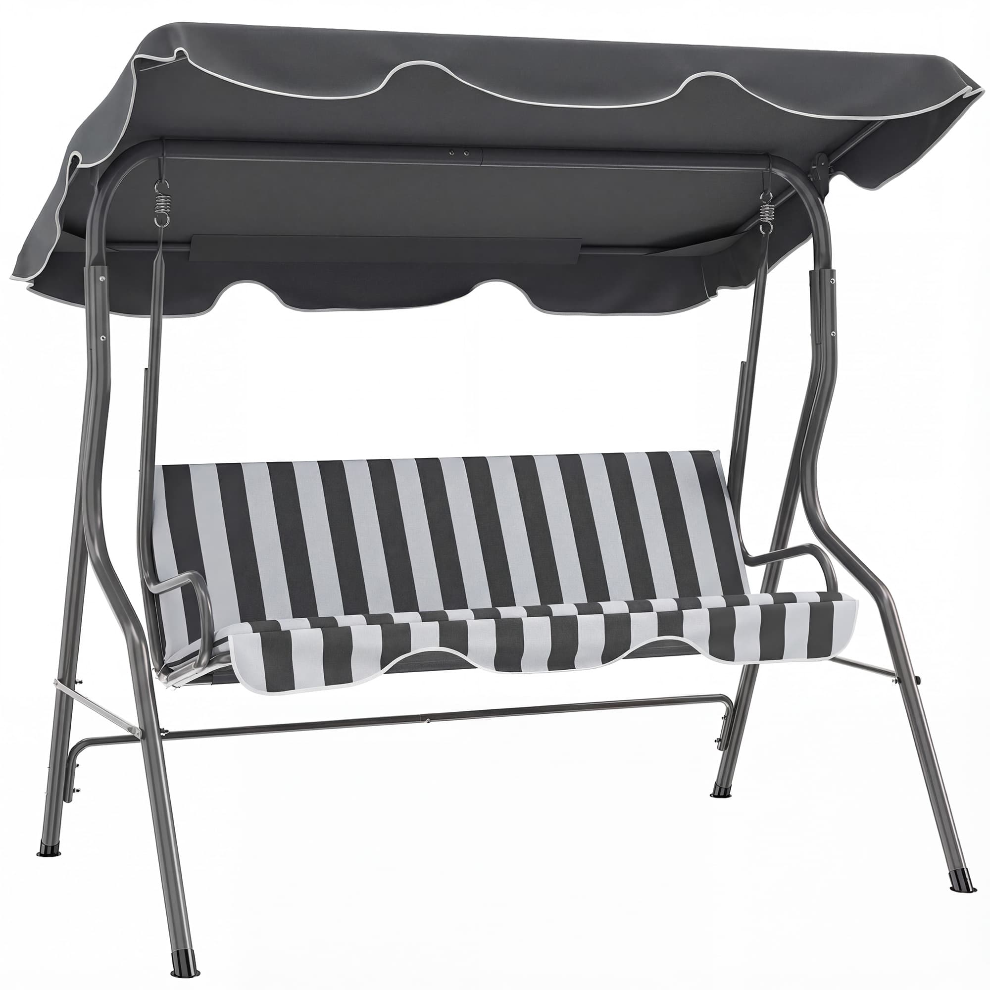 Outsunny Balancelle de Jardin 3 Places Toit imperméabilisé Inclinaison réglable Coussins Assise Dossier gris, blanc rayé
