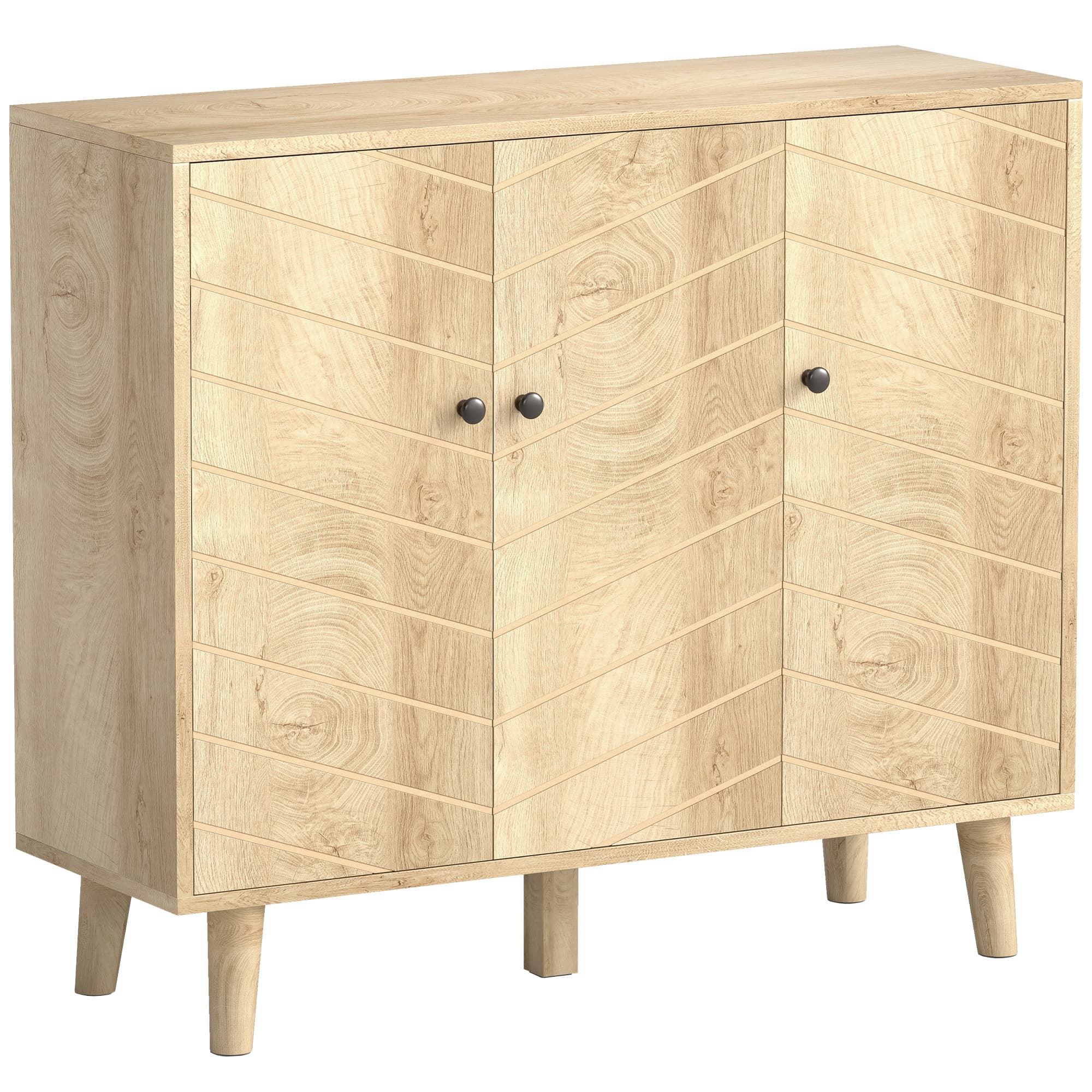 HOMCOM Buffet Cuisine, Meuble de Rangement avec 3 Portes à Motif Chevron et Pieds en Bois de Pin, 88,3x30x76cm, Bois Naturel