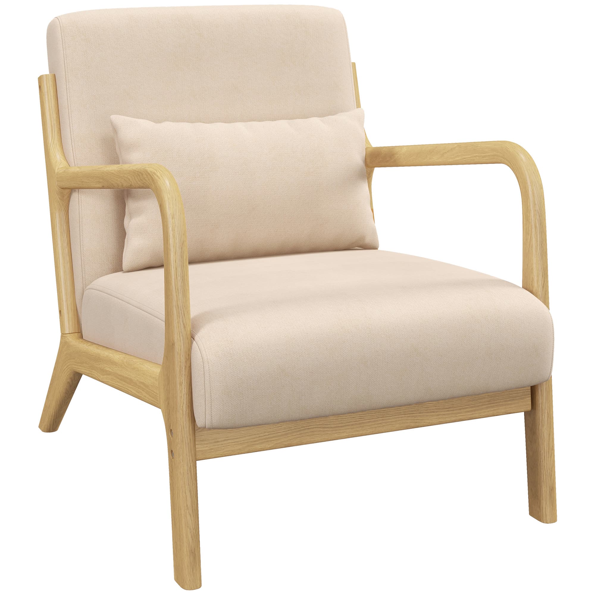 HOMCOM Fauteuil lounge - 3 coussins inclus - assise profonde - accoudoirs - structure bois hévéa - aspect velours beige